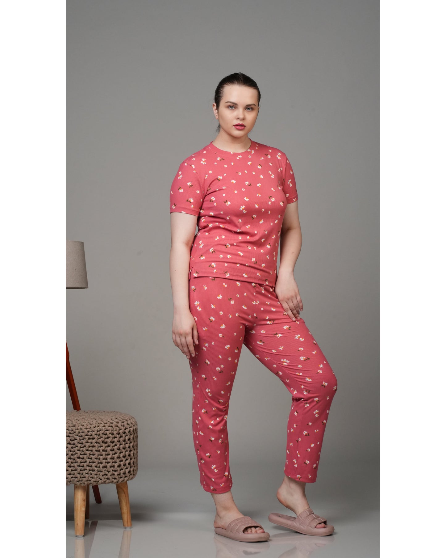 Coral Pink Floral Stretchable Co-ordset