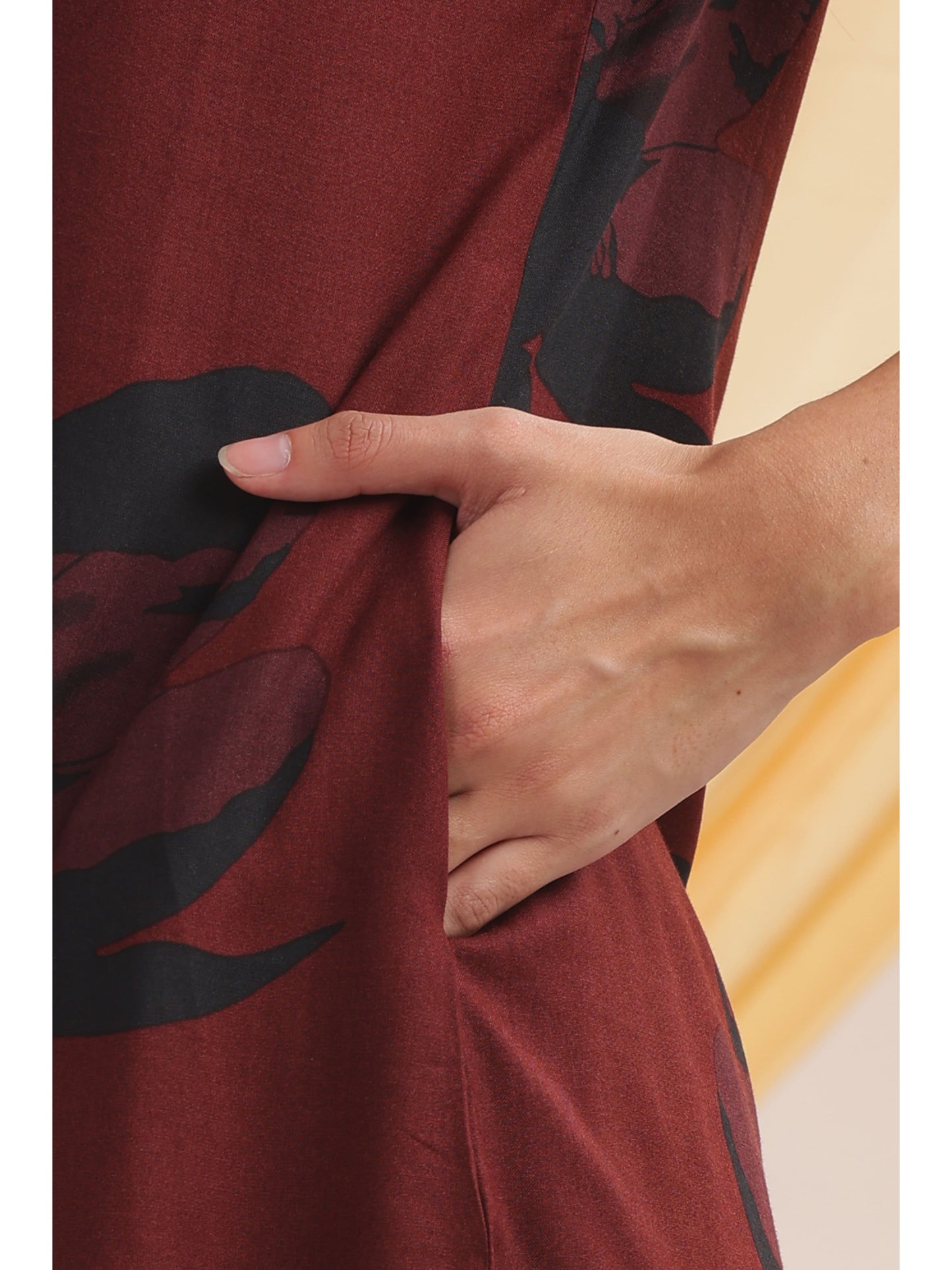 Maroon and black print Floral punjabi co-ordset