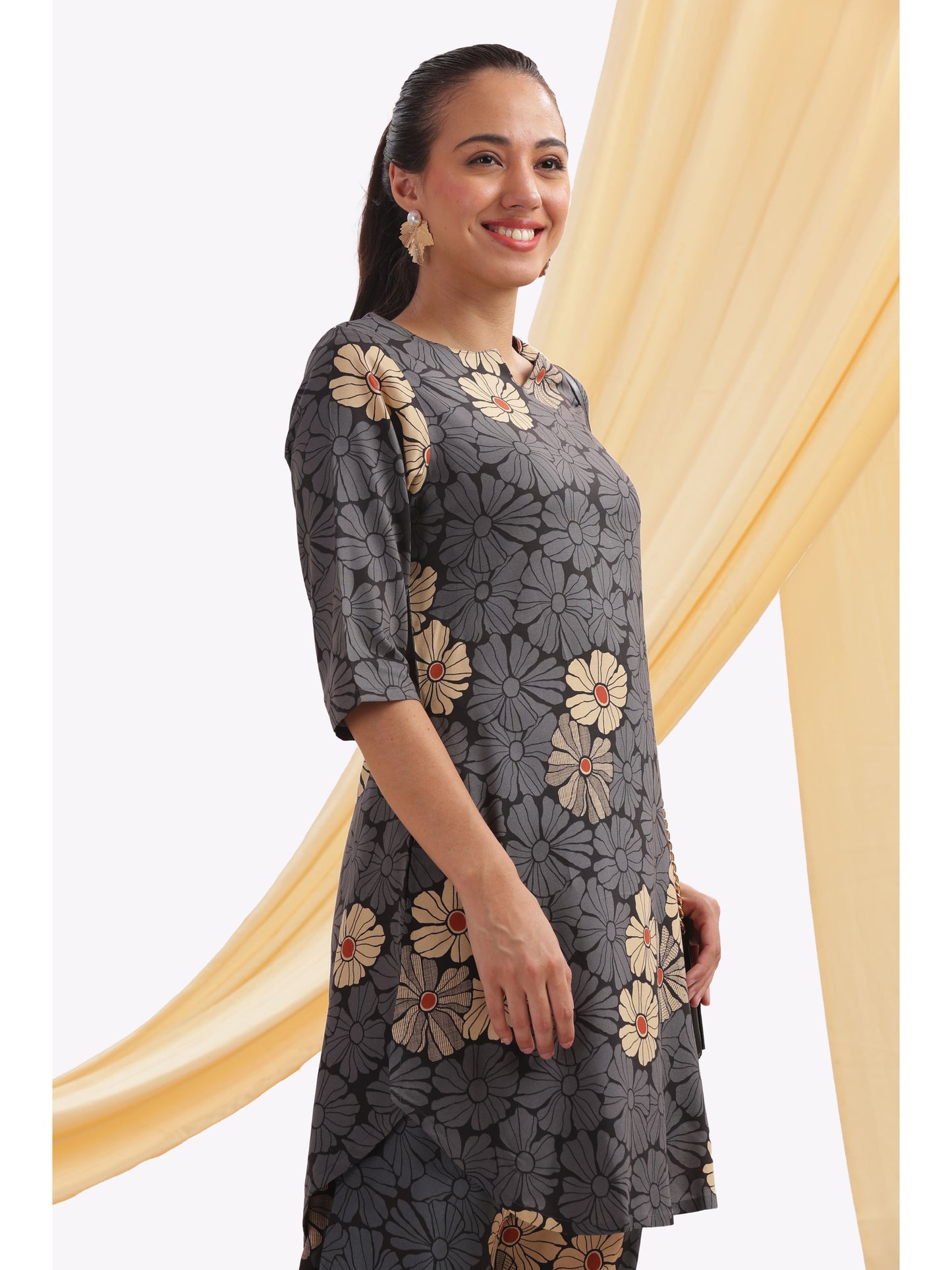 Dark grey cream floral Punjabi co-ordset