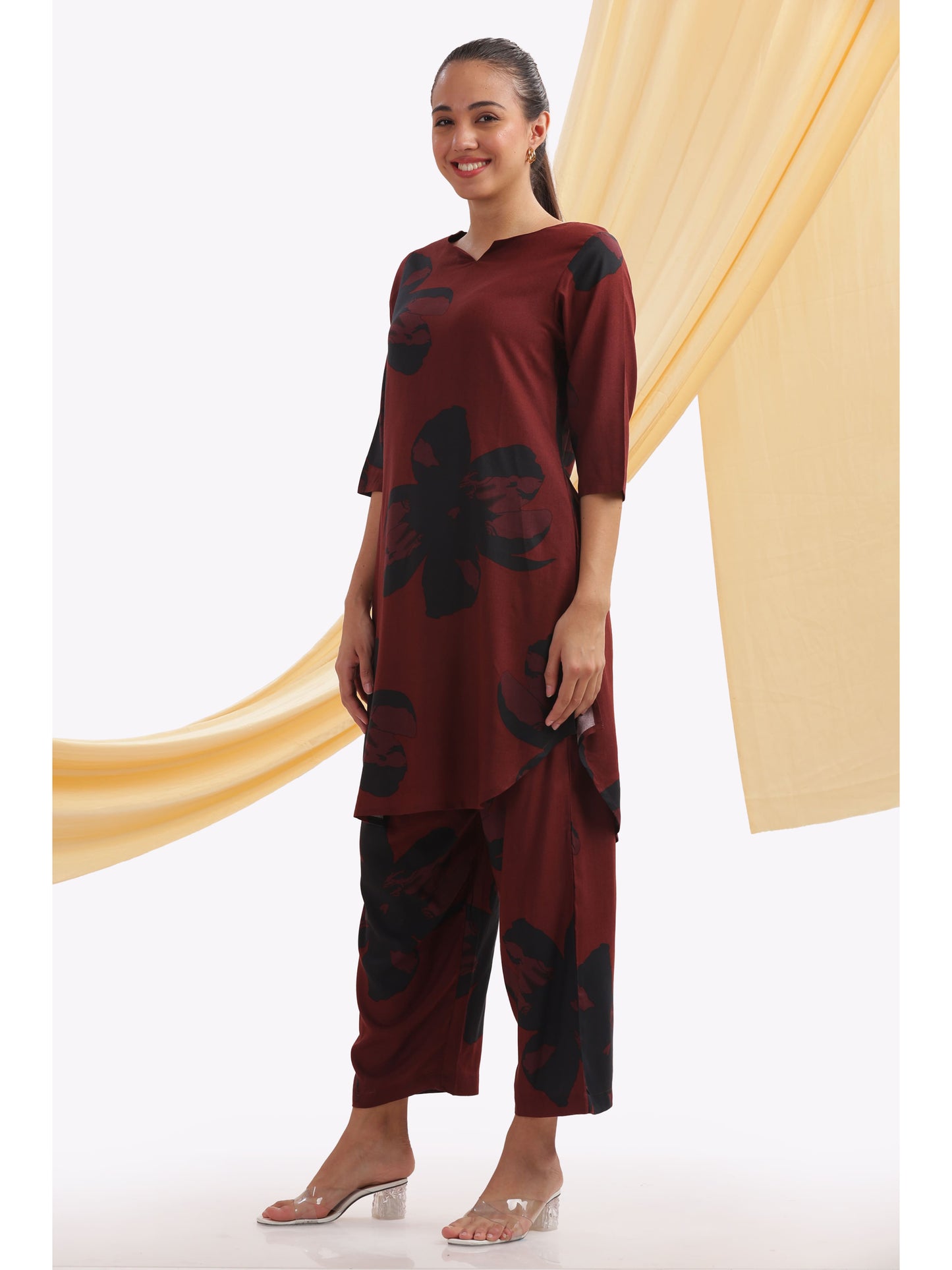 Maroon and black print Floral punjabi co-ordset