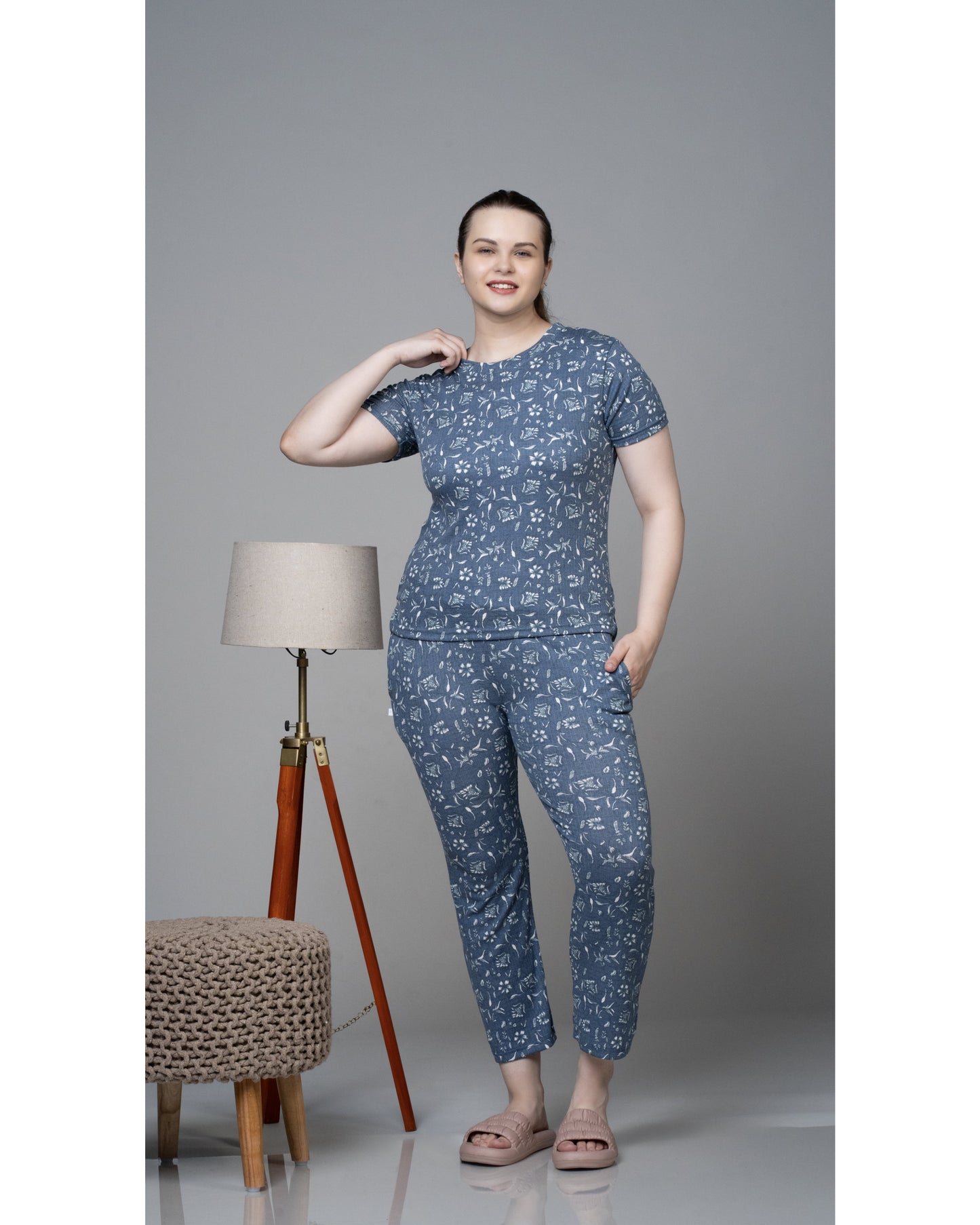 Blue Greyish Floral Stretchable Co-Ordset