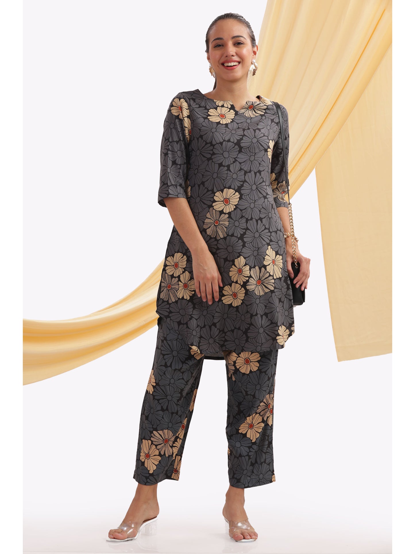 Dark grey cream floral Punjabi co-ordset