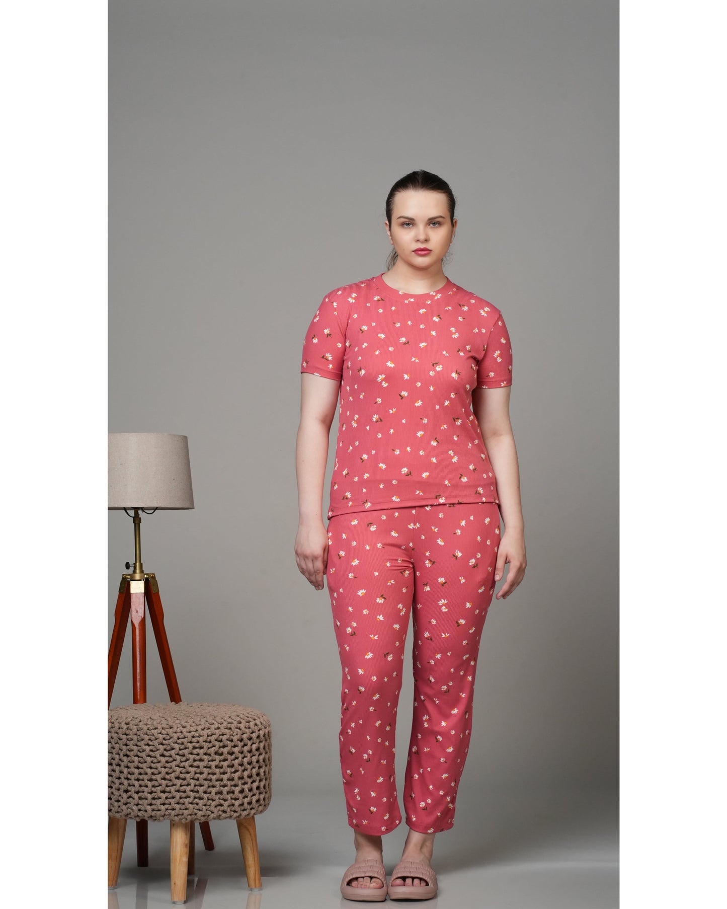 Coral Pink Floral Stretchable Co-ordset