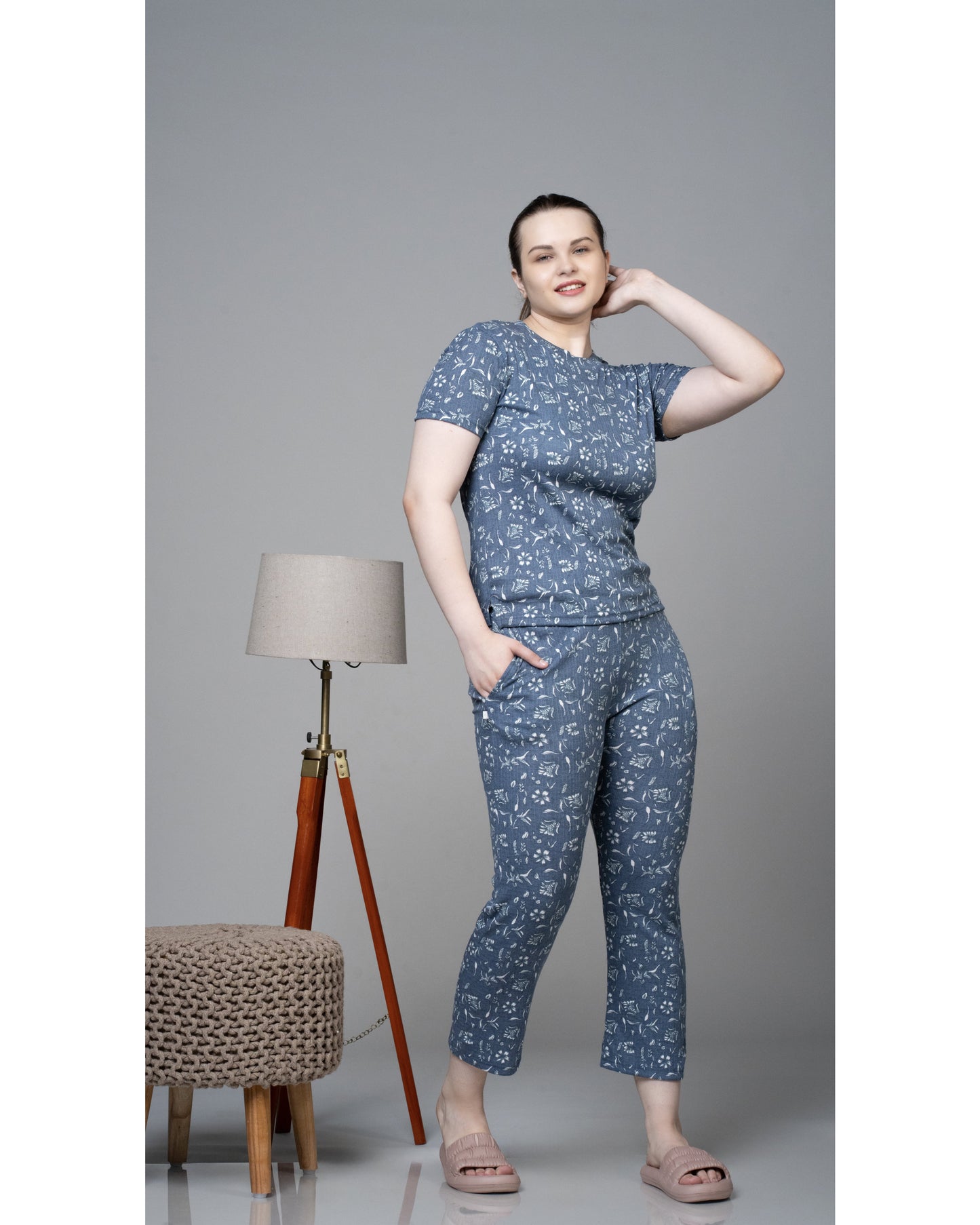 Blue Greyish Floral Stretchable Co-Ordset