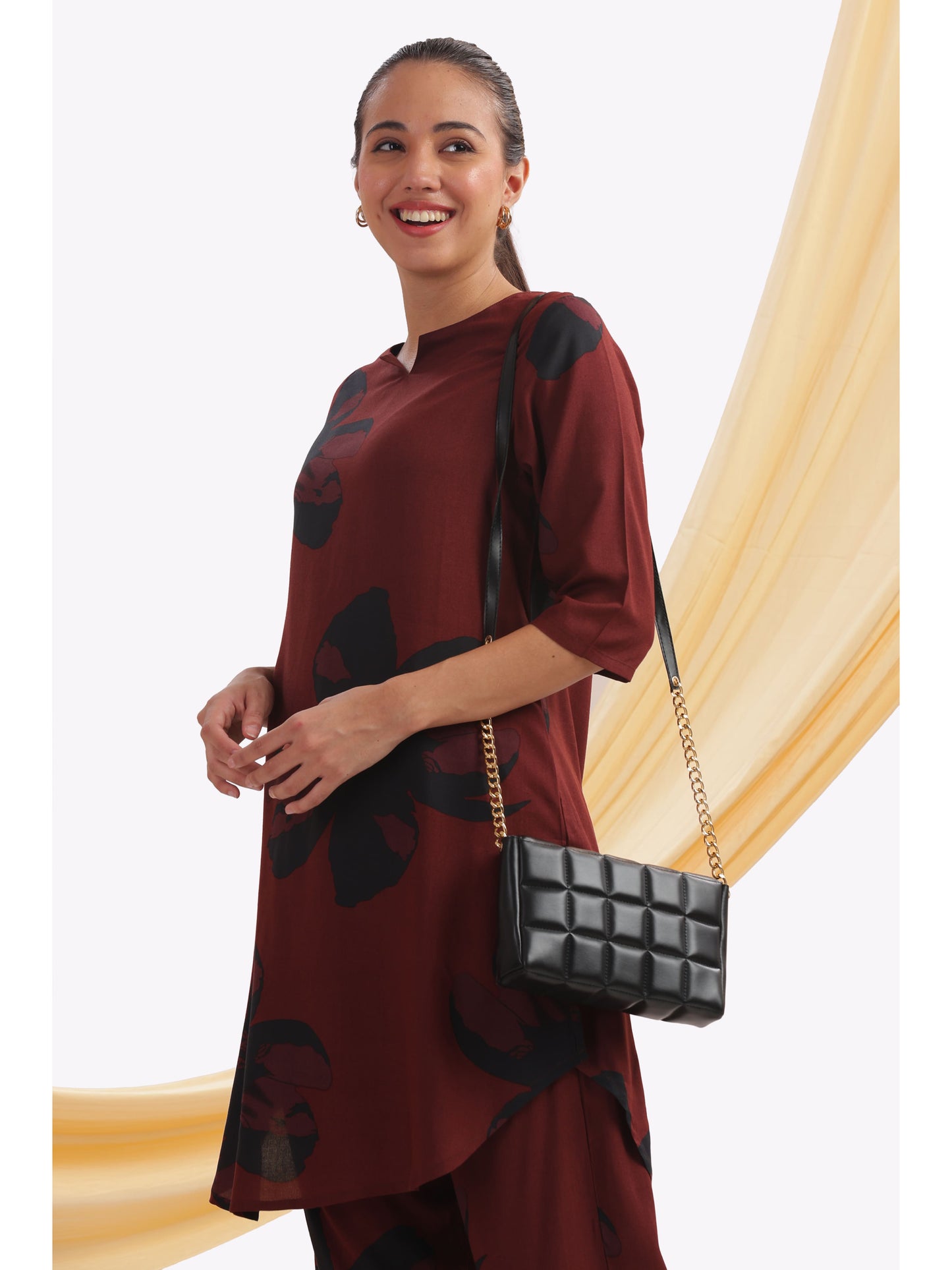 Maroon and black print Floral punjabi co-ordset
