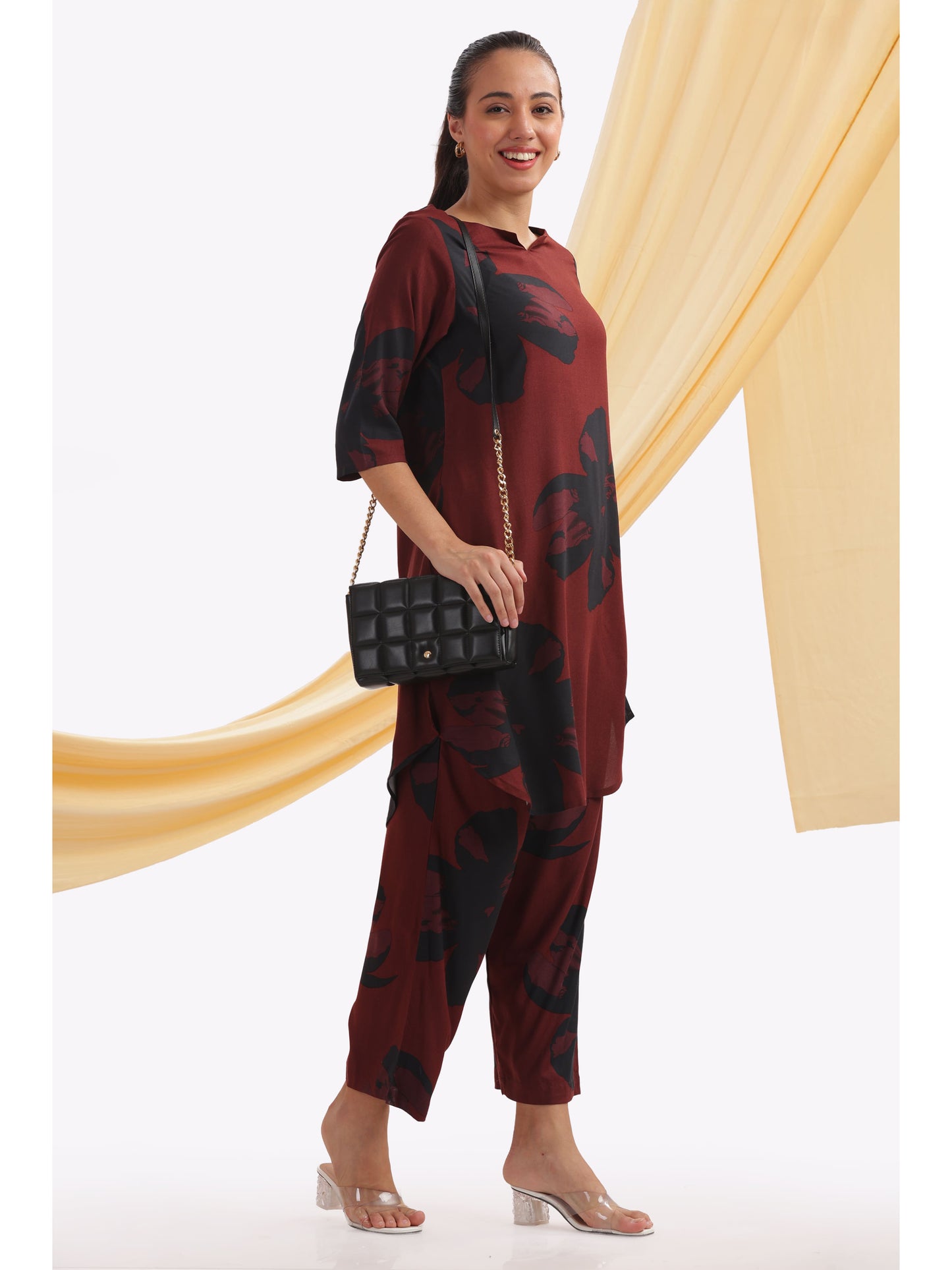 Maroon and black print Floral punjabi co-ordset