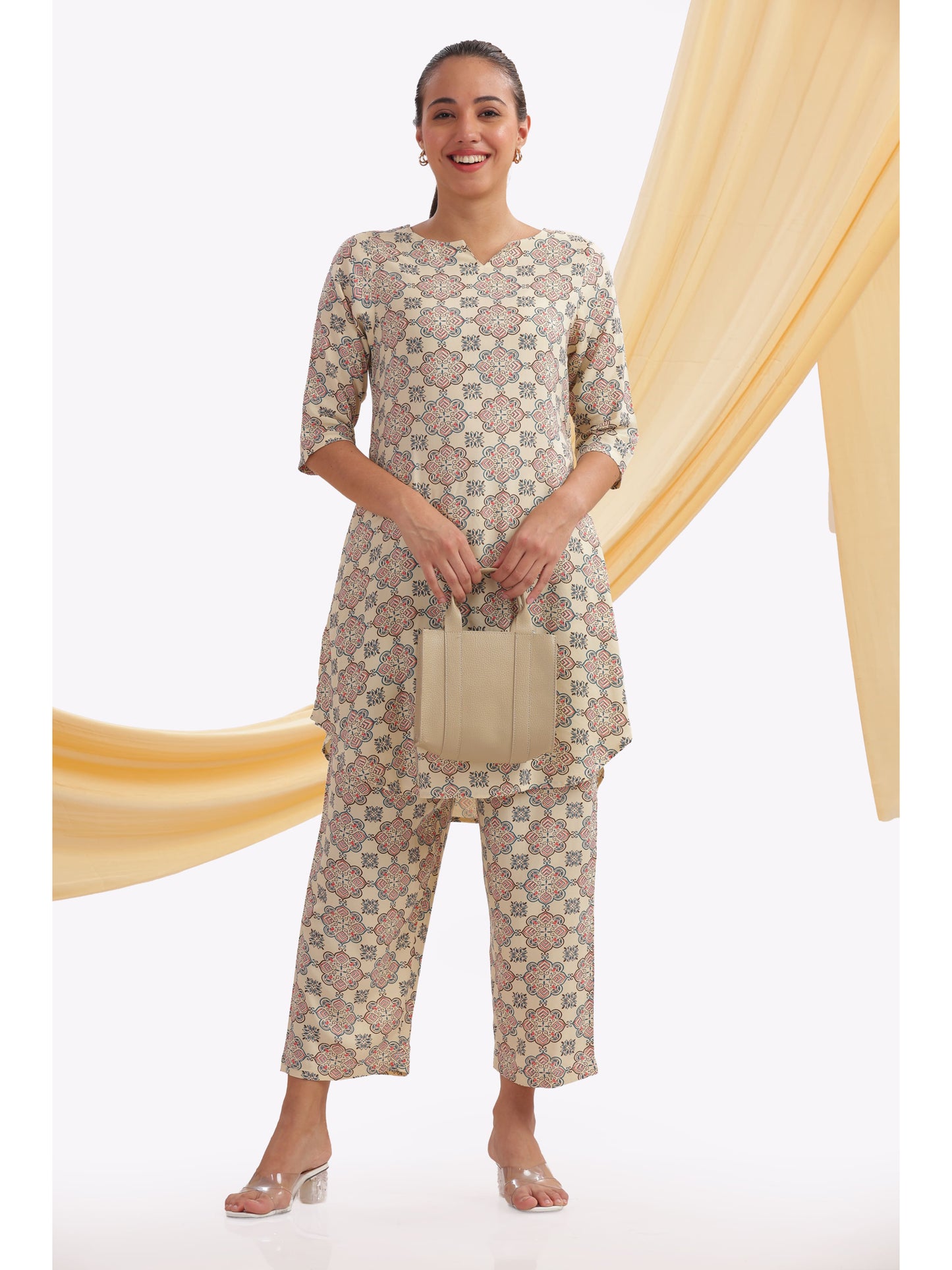 Cream Geometric punjabi Co-ord Set