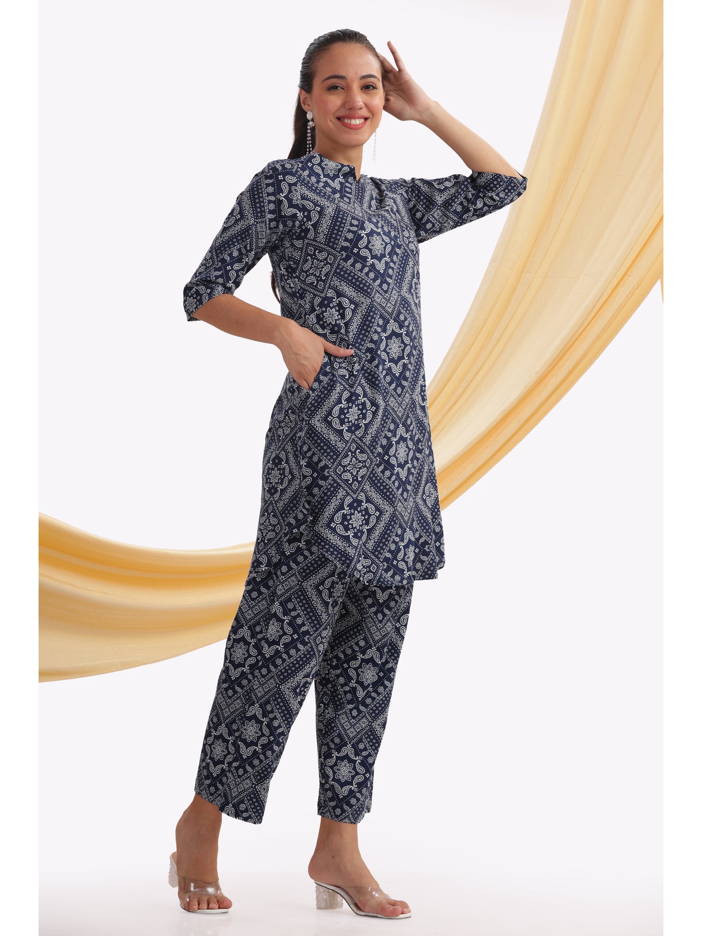 navy blue ethnic print punjabi co-ordset