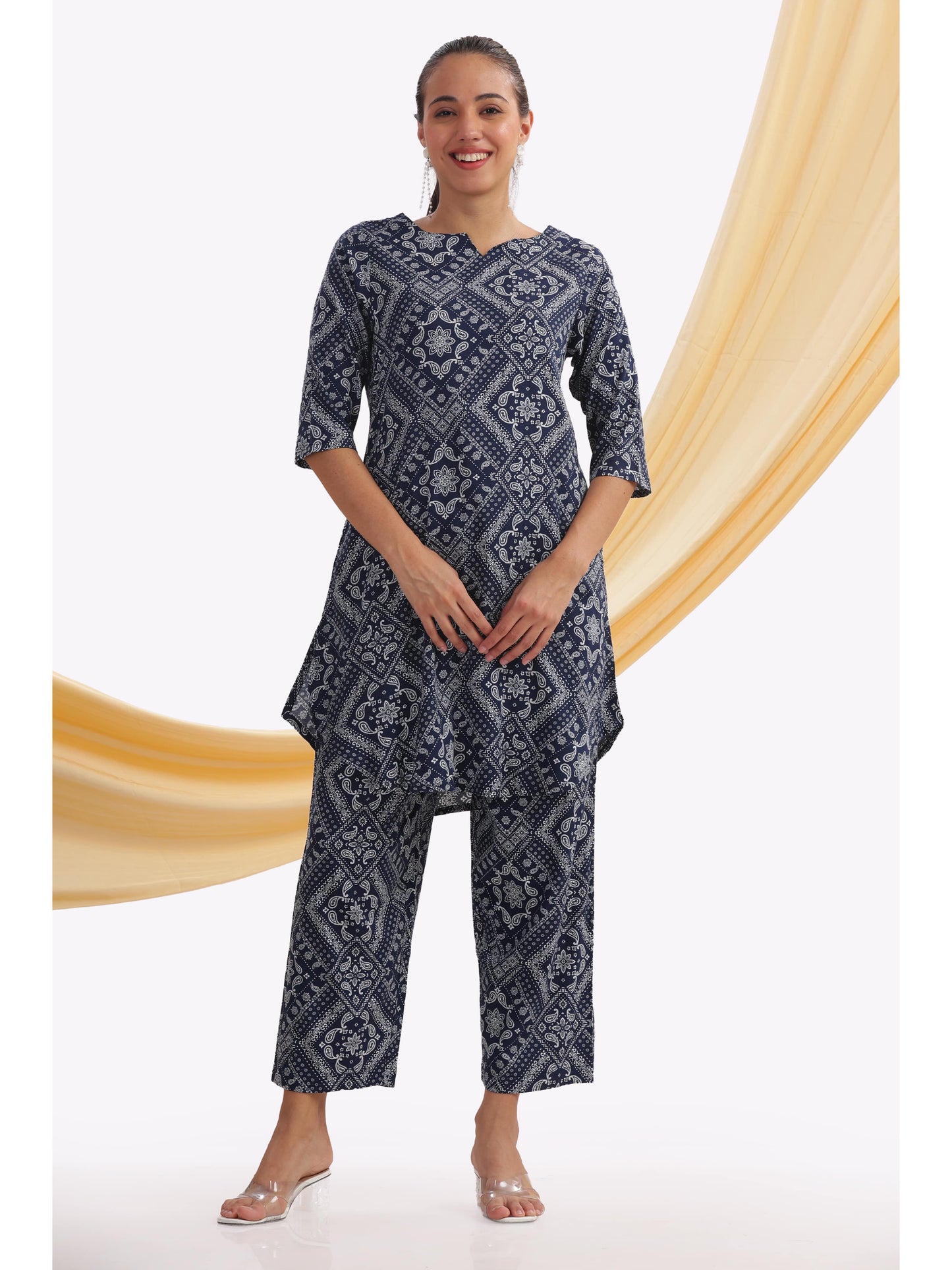navy blue ethnic print punjabi co-ordset