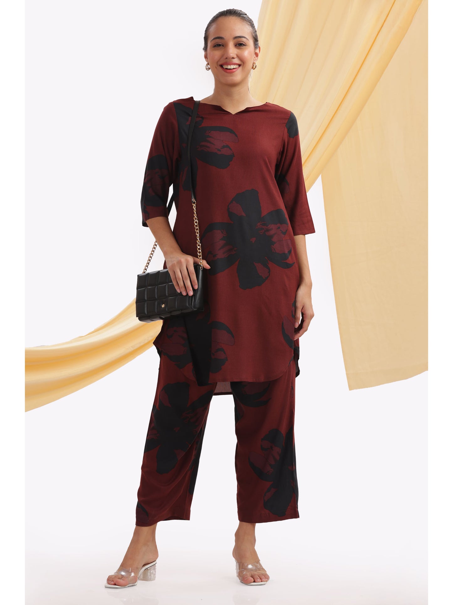 Maroon and black print Floral punjabi co-ordset