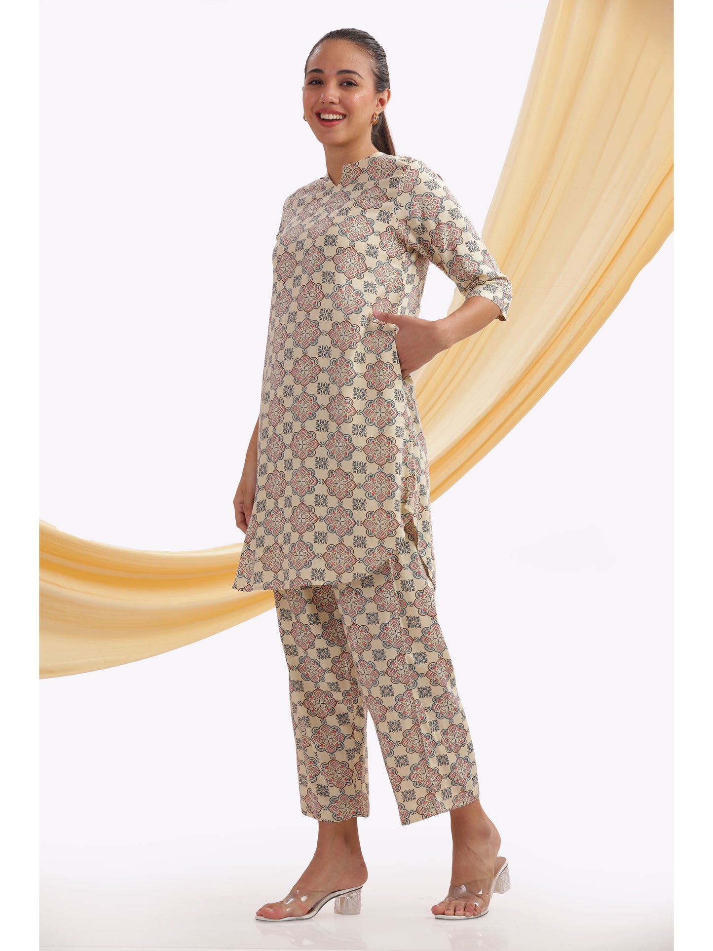 Cream Geometric punjabi Co-ord Set