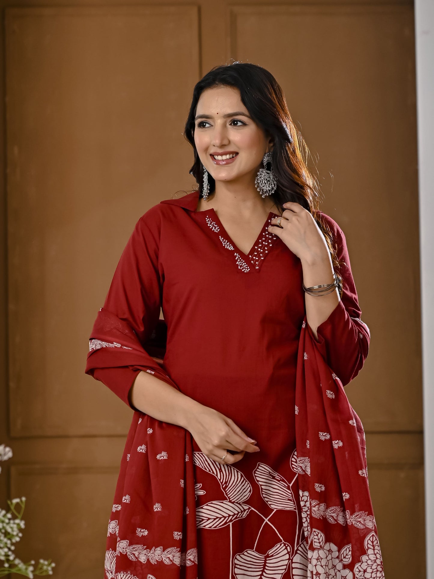 Maroon floral embroidery kurta set with Dupatta