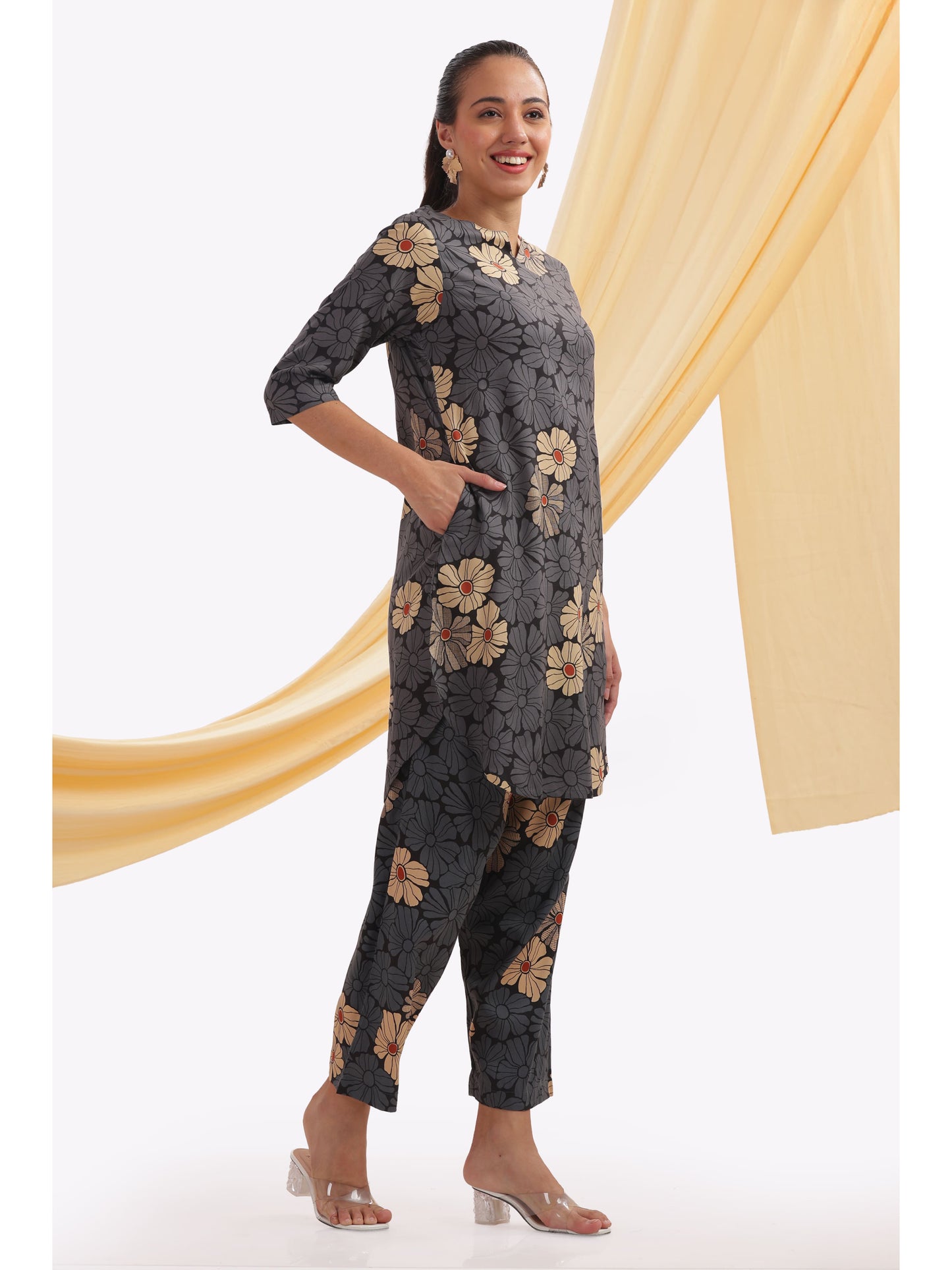 Dark grey cream floral Punjabi co-ordset