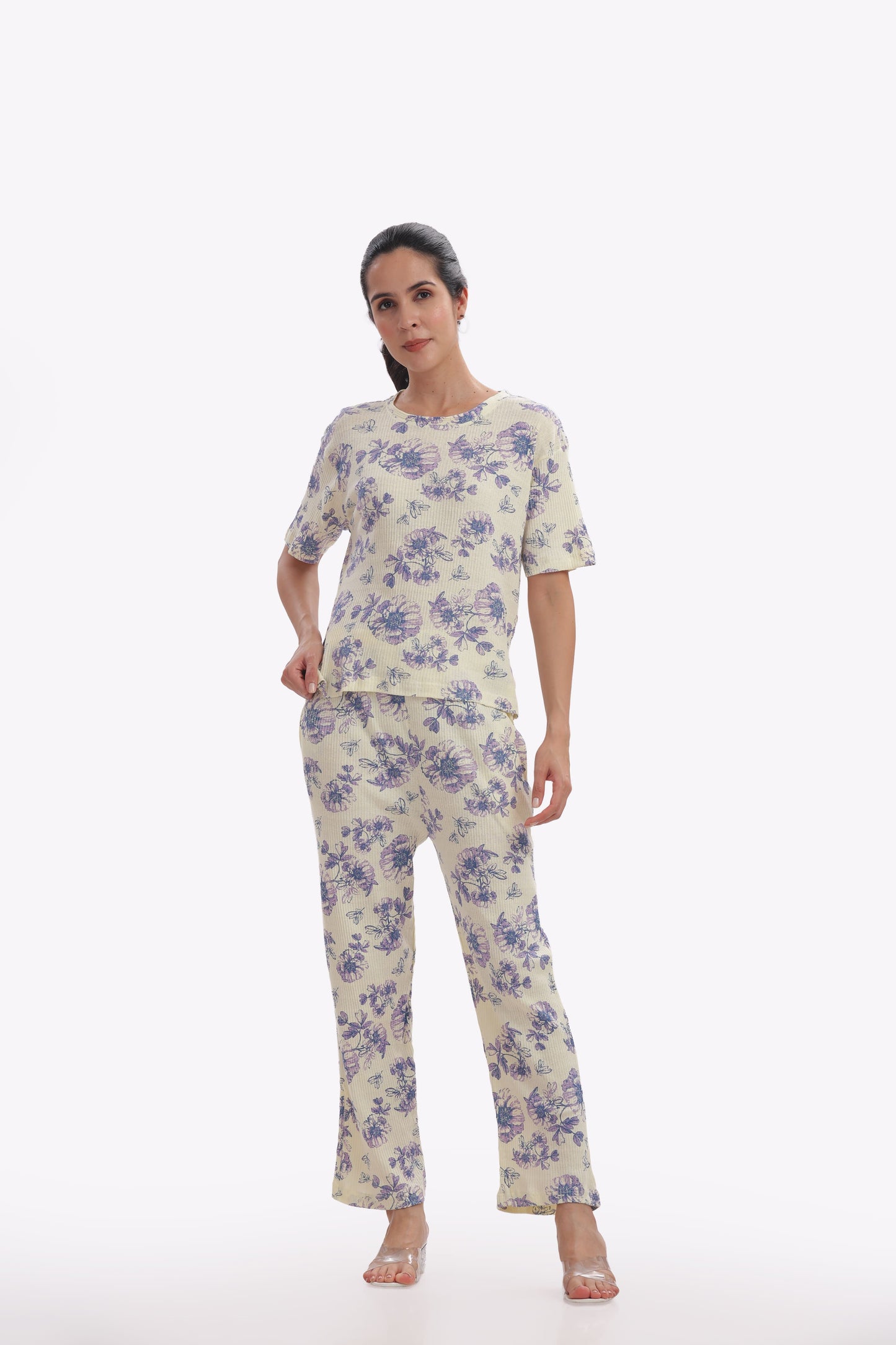 Purple & Cream Floral Stretchable Co-ordset