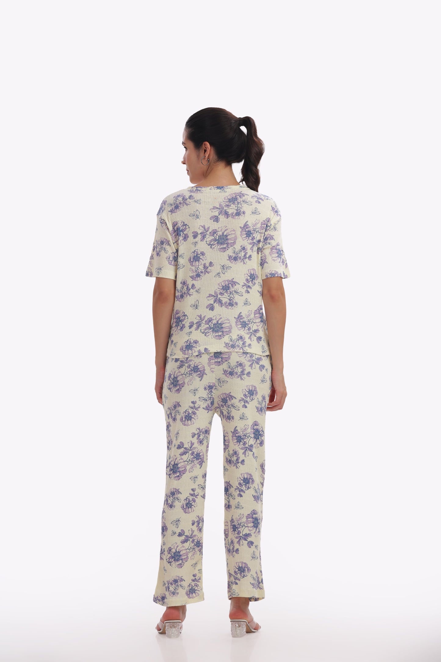 Purple & Cream Floral Stretchable Co-ordset