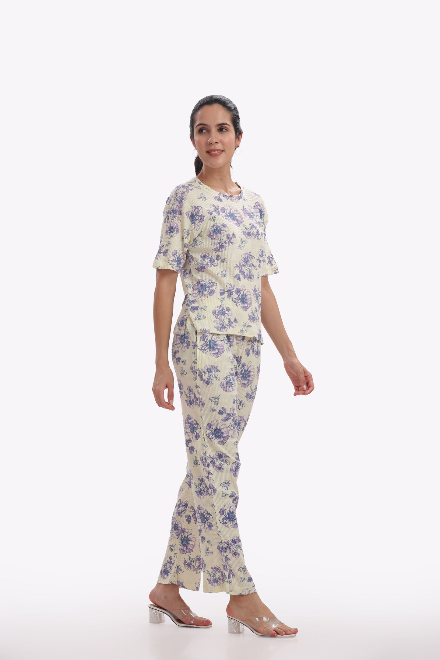 Purple & Cream Floral Stretchable Co-ordset