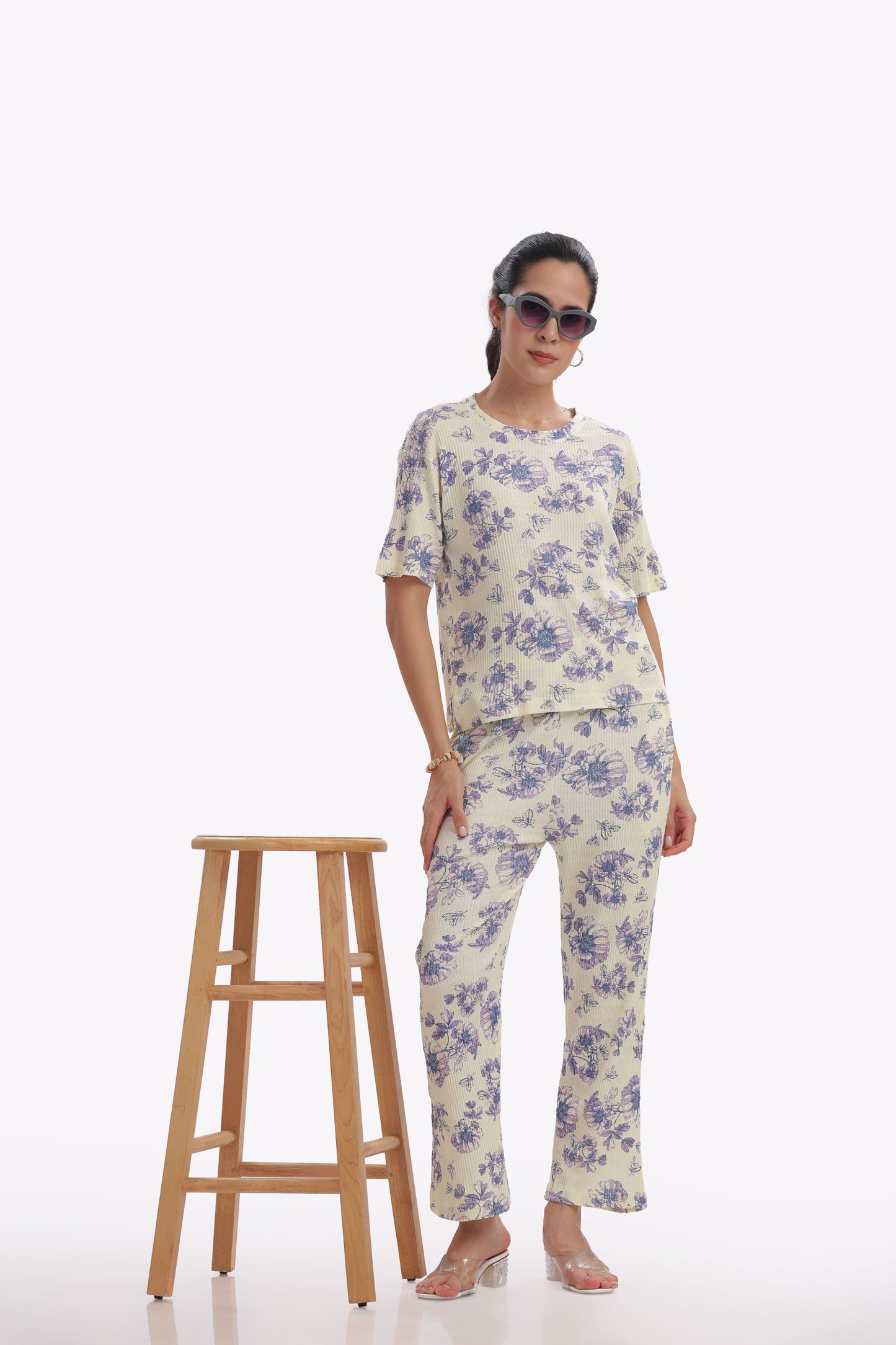 Purple & Cream Floral Stretchable Co-ordset