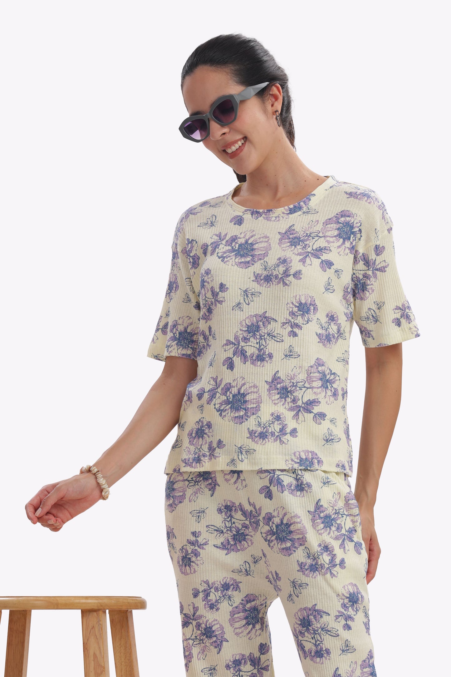 Purple & Cream Floral Stretchable Co-ordset