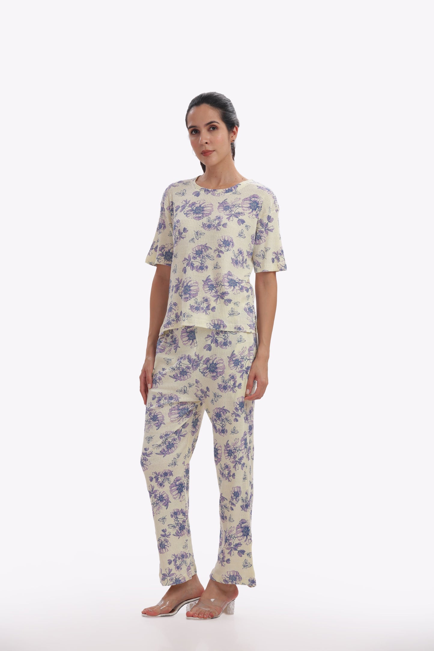 Purple & Cream Floral Stretchable Co-ordset