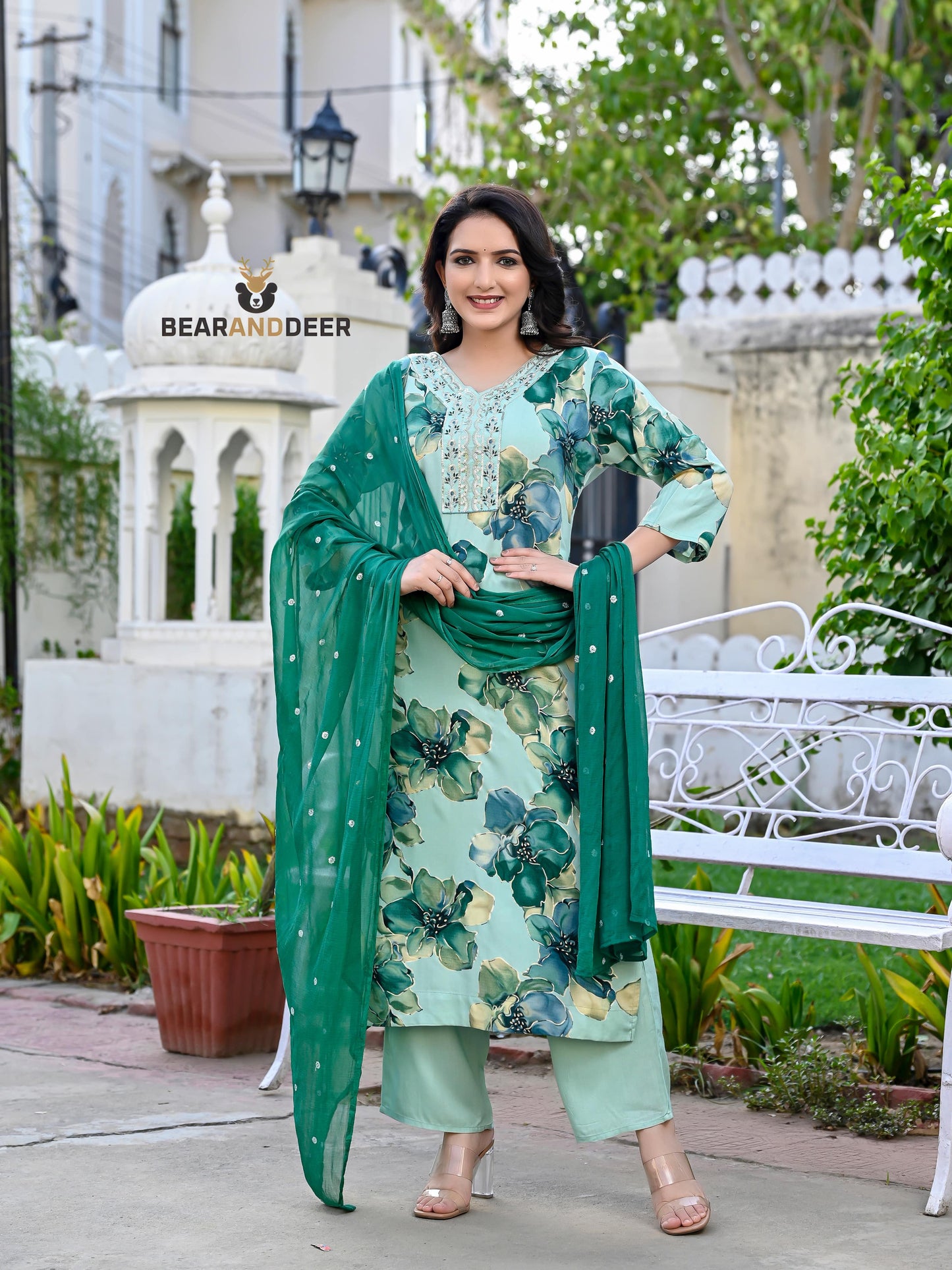 Spanish green floral churidhar set