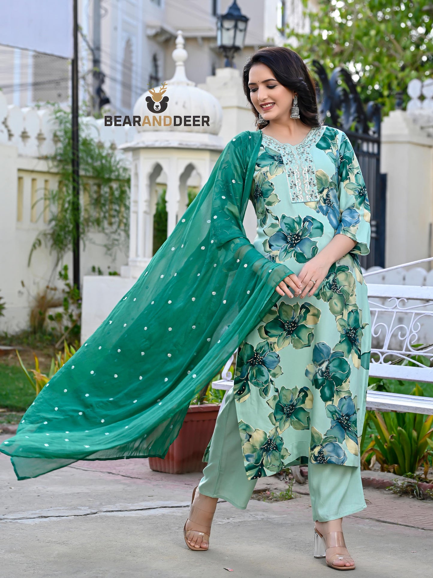 Spanish green floral churidhar set