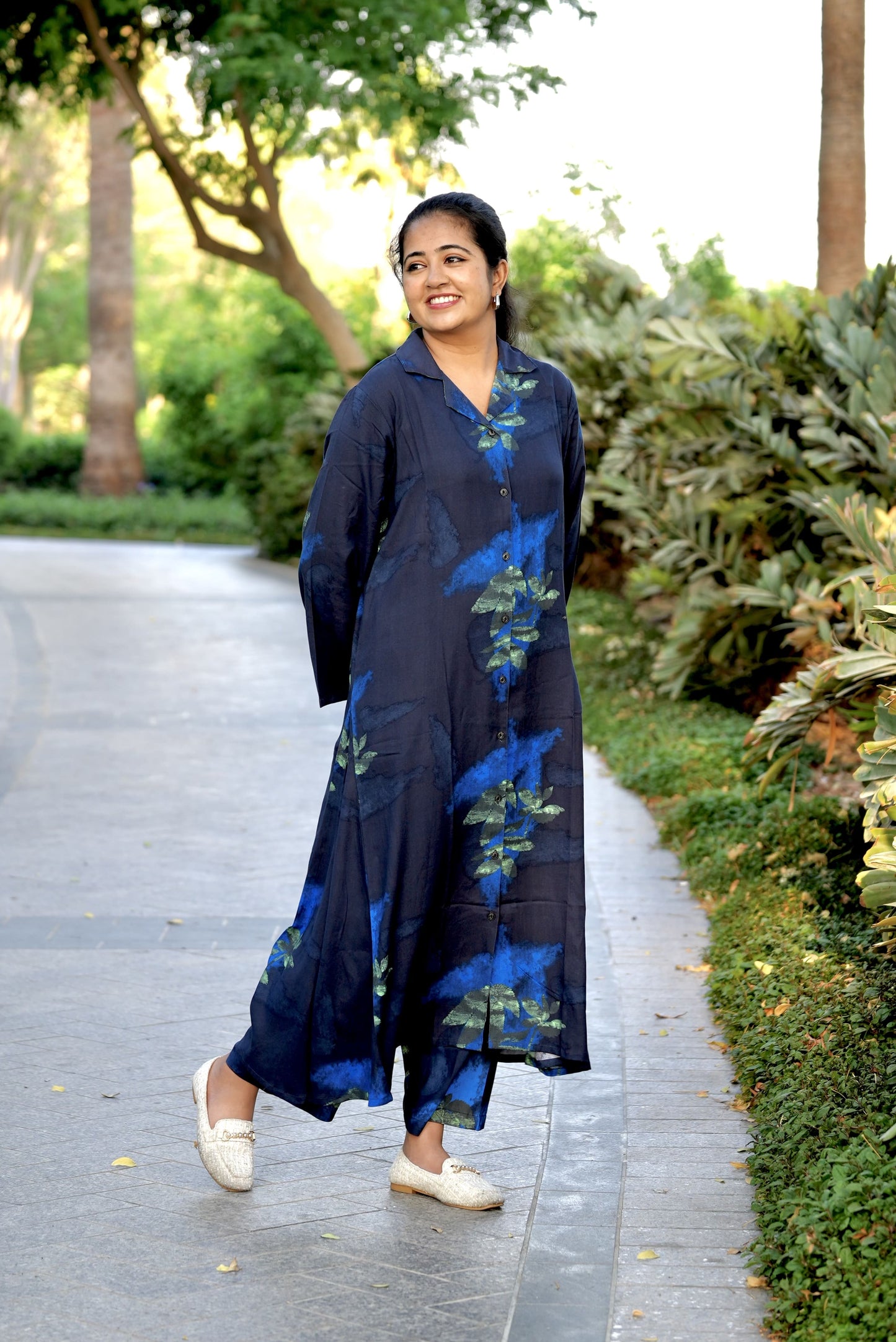 Navy Abstract Floral Rayon cotton Full sleeve Pyjamaset