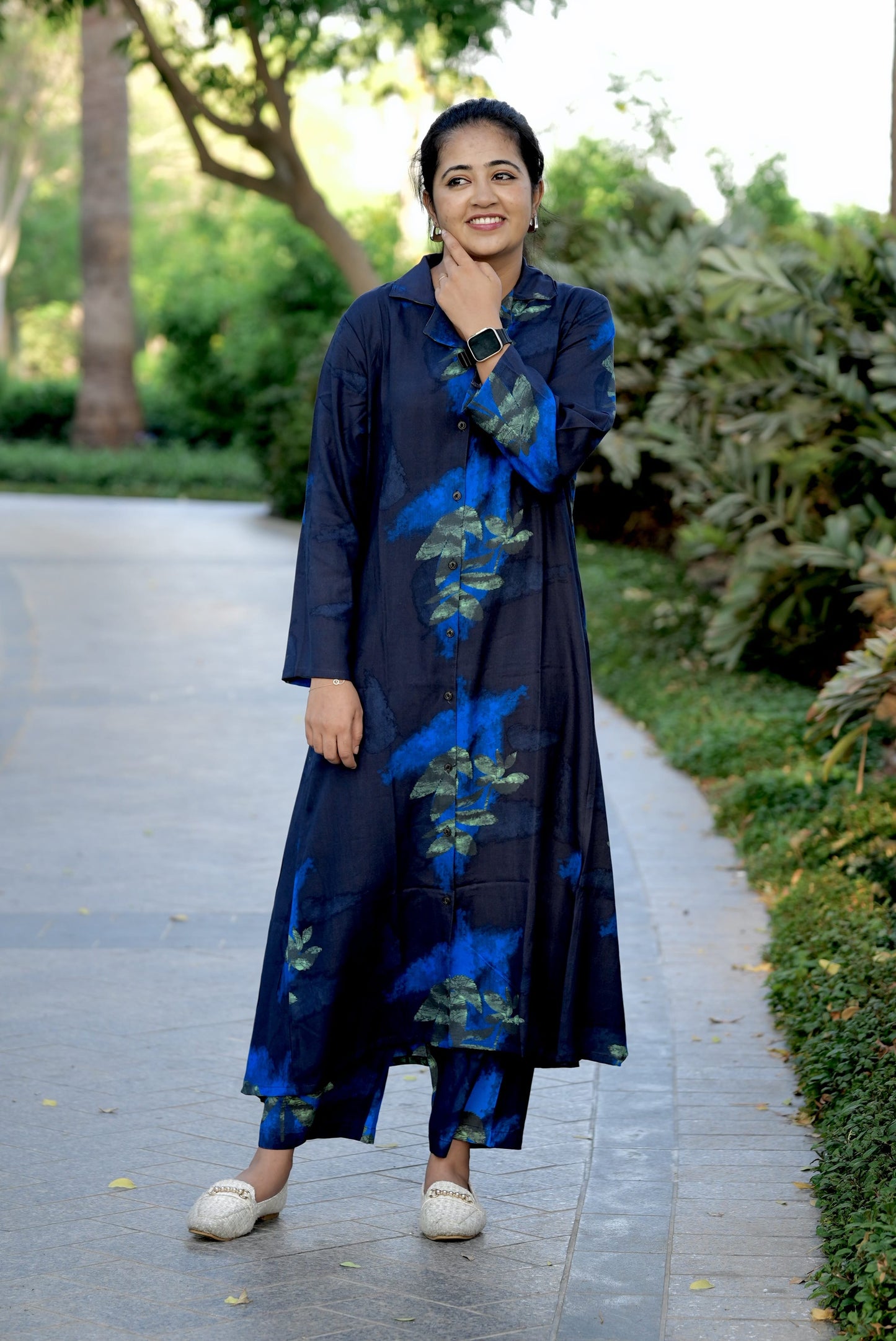 Navy Abstract Floral Rayon cotton Full sleeve Pyjamaset
