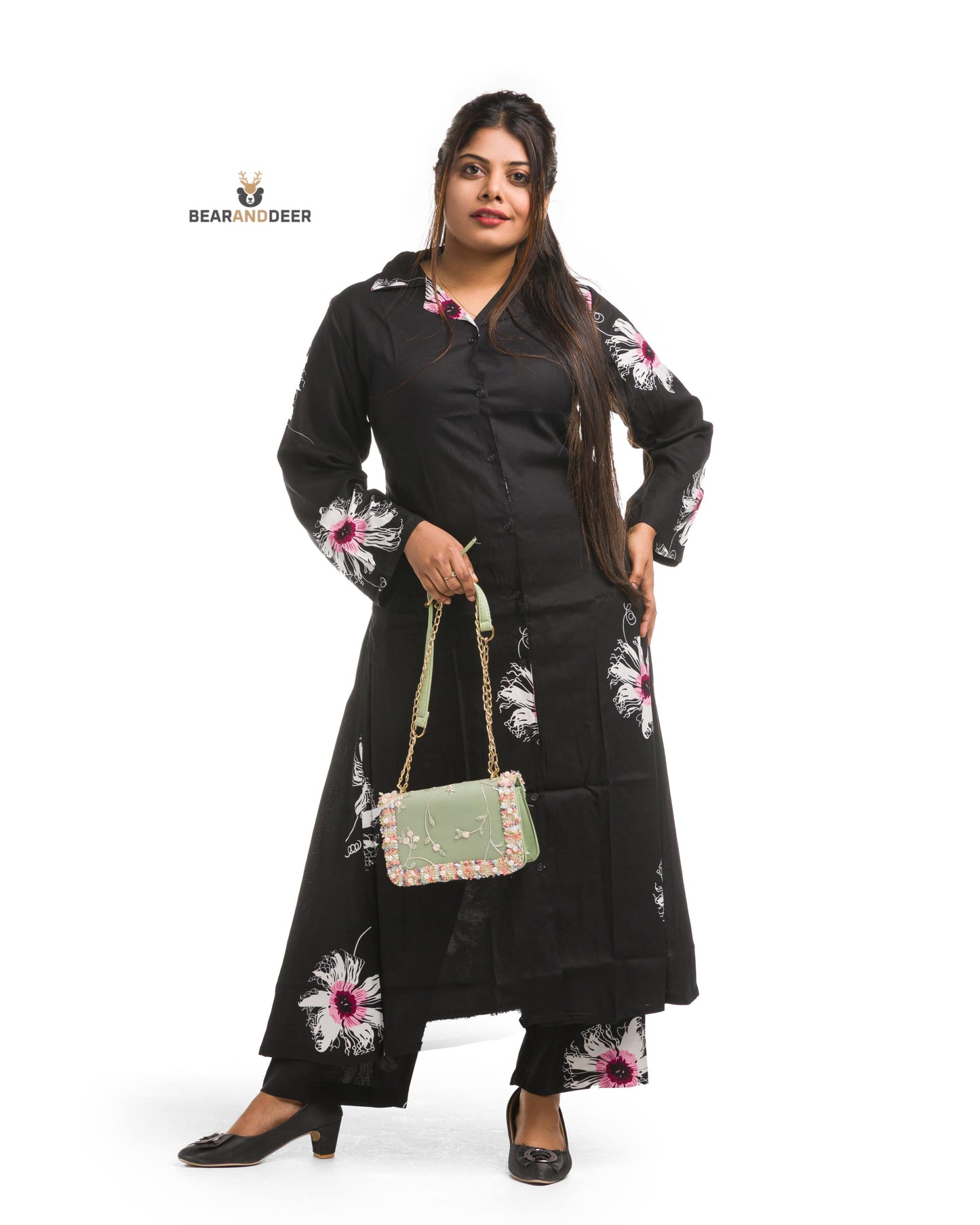 Black Floral Pattern Full Sleeve Pyjamaset