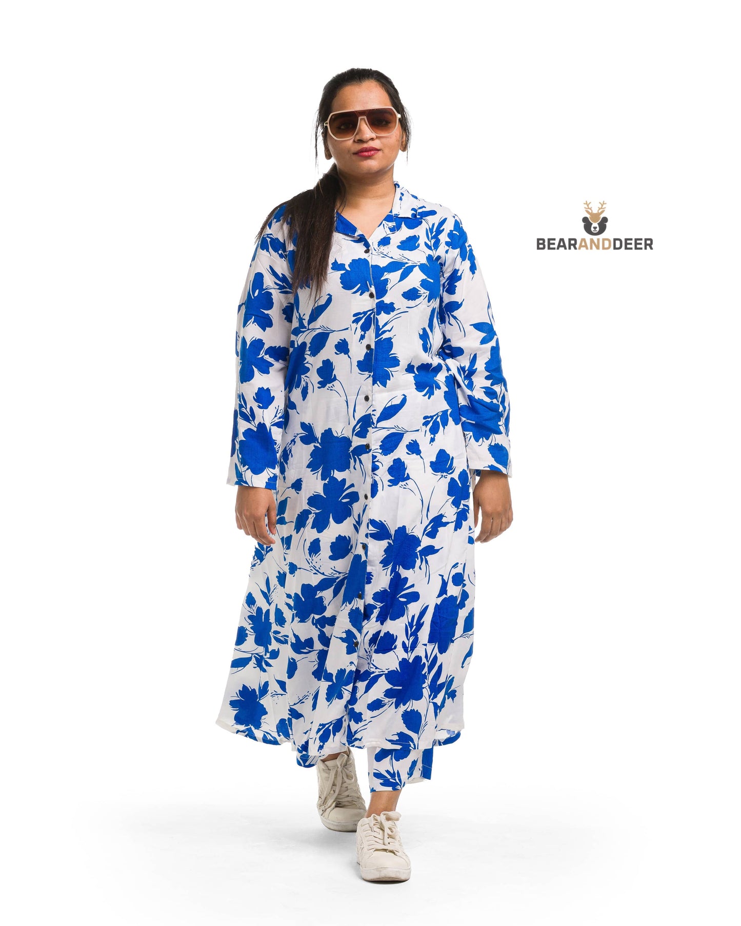 White & Blue Floral Cosy Cotton Full sleeve Pyjamaset