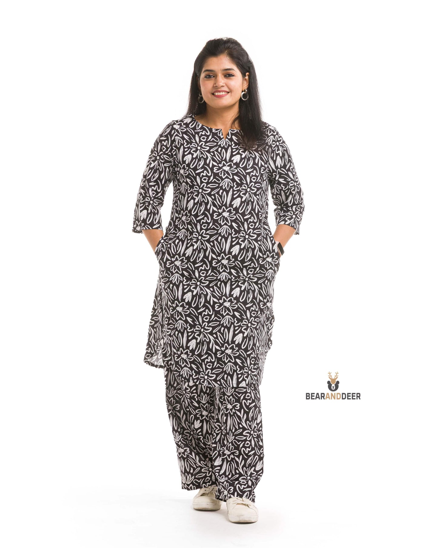 Black Sketchy Floral Print Punjabi Co-ordset