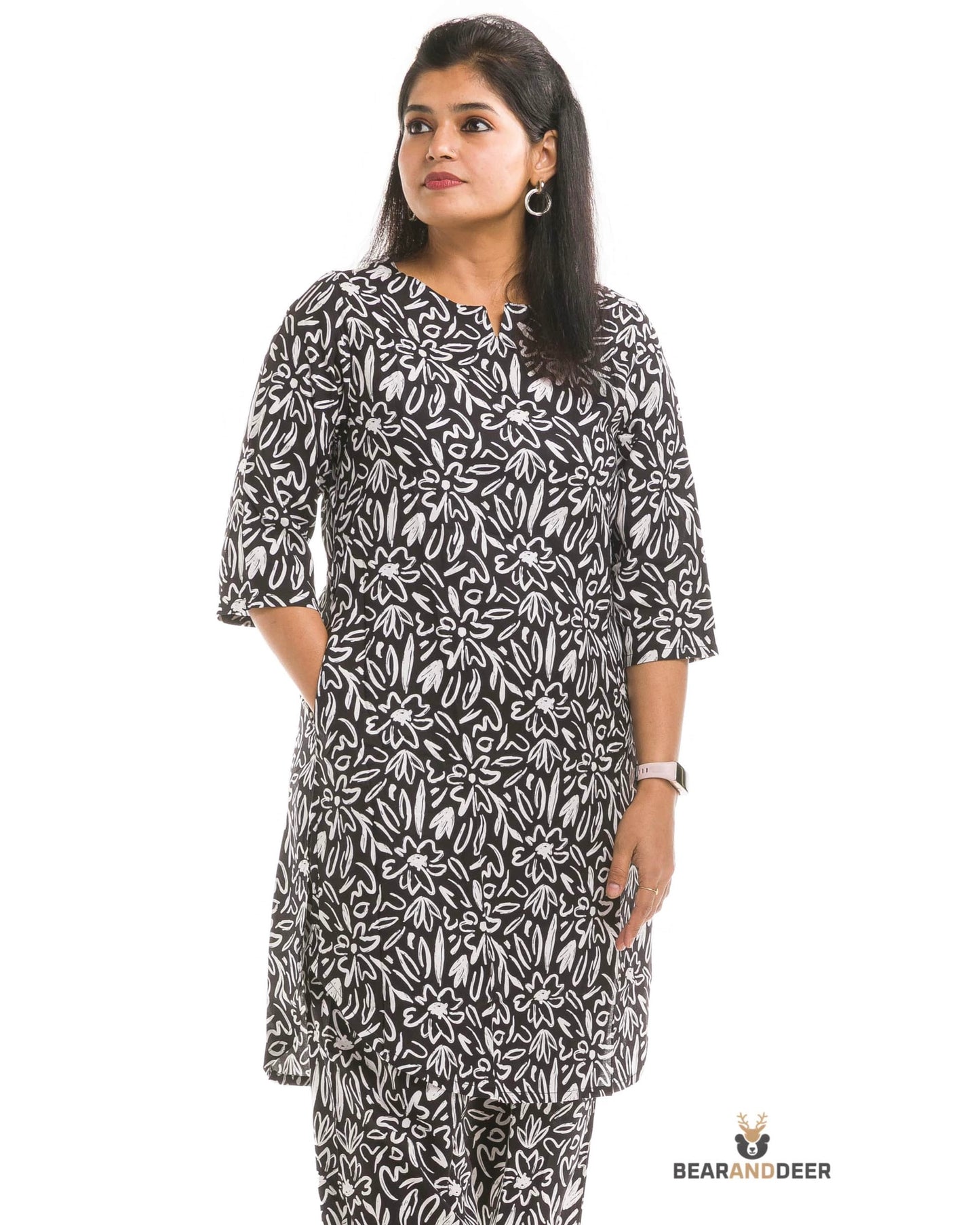 Black Sketchy Floral Print Punjabi Co-ordset