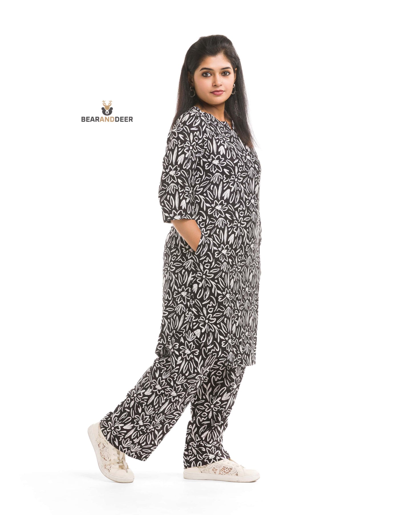 Black Sketchy Floral Print Punjabi Co-ordset