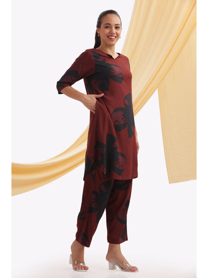Maroon and black print Floral punjabi co-ordset