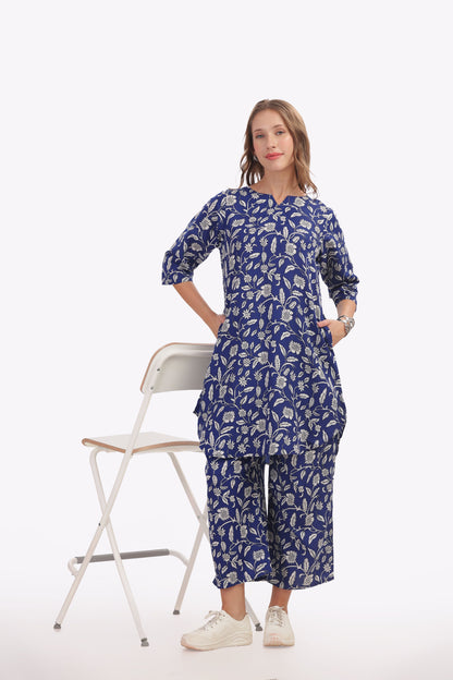 Navy Blue & White Floral Punjabi Co-ordset