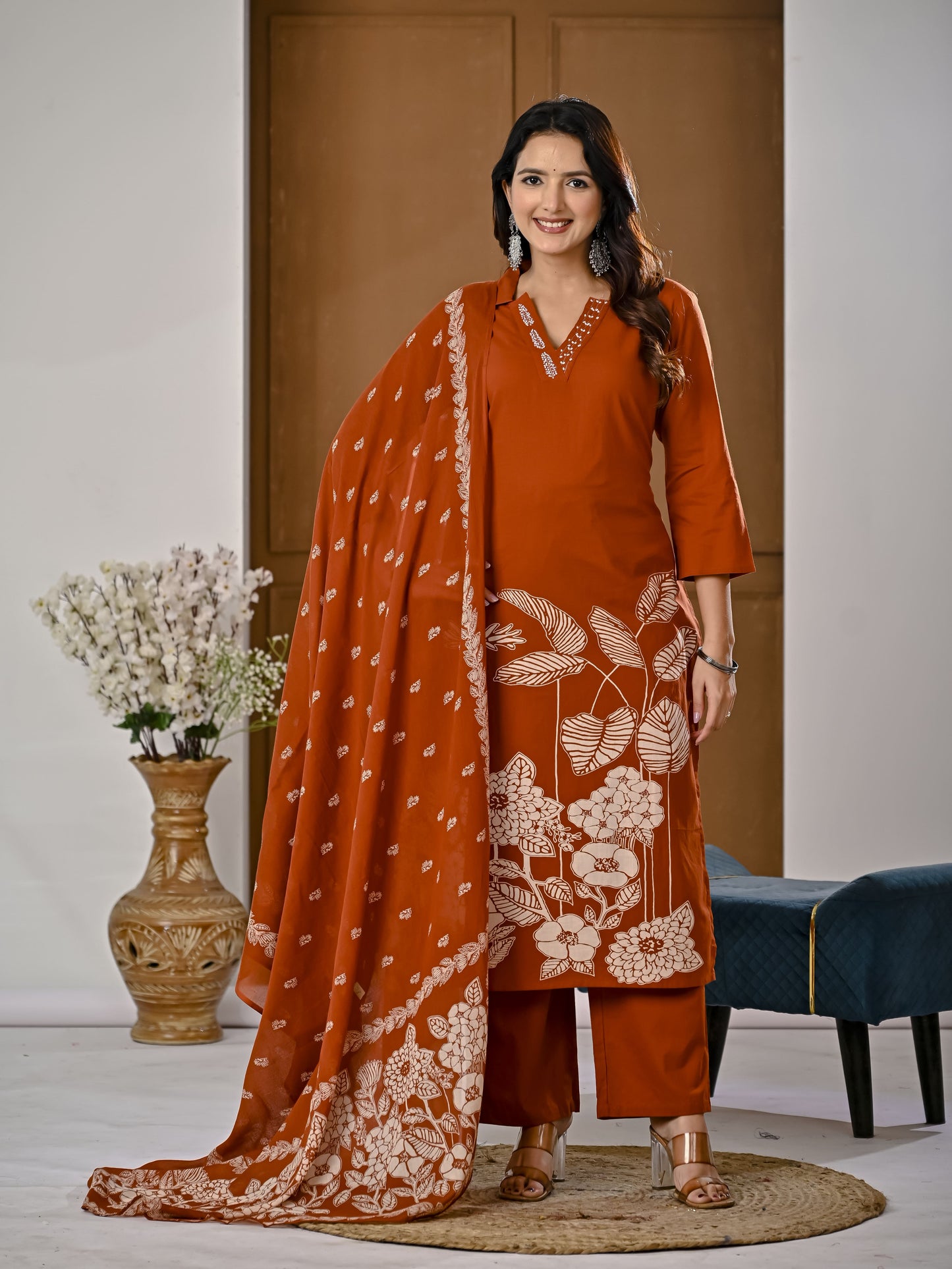 Ginger embroidery kurta set with Dupatta