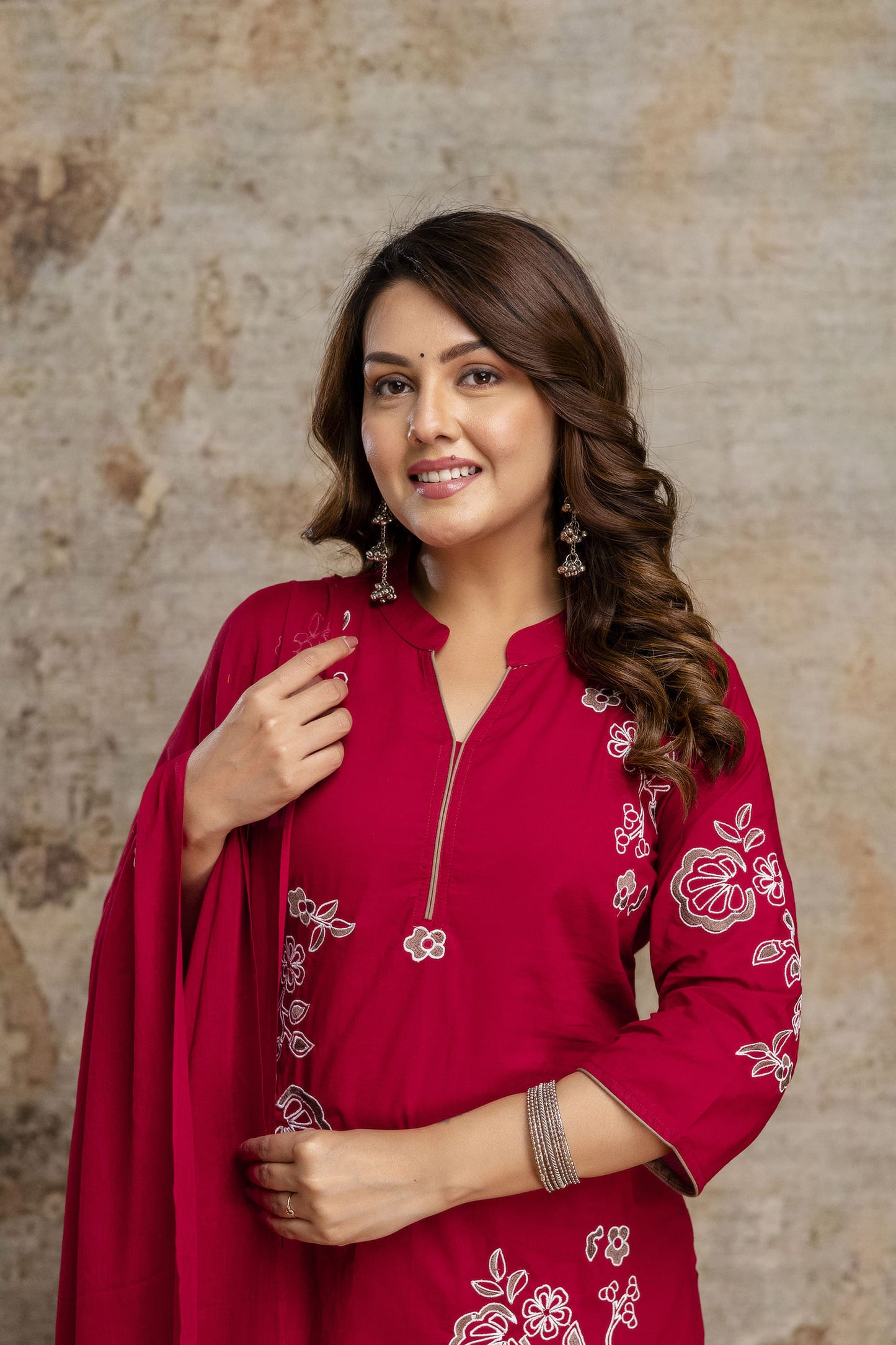 Stylish Red Embroidered COD Set with Dupatta