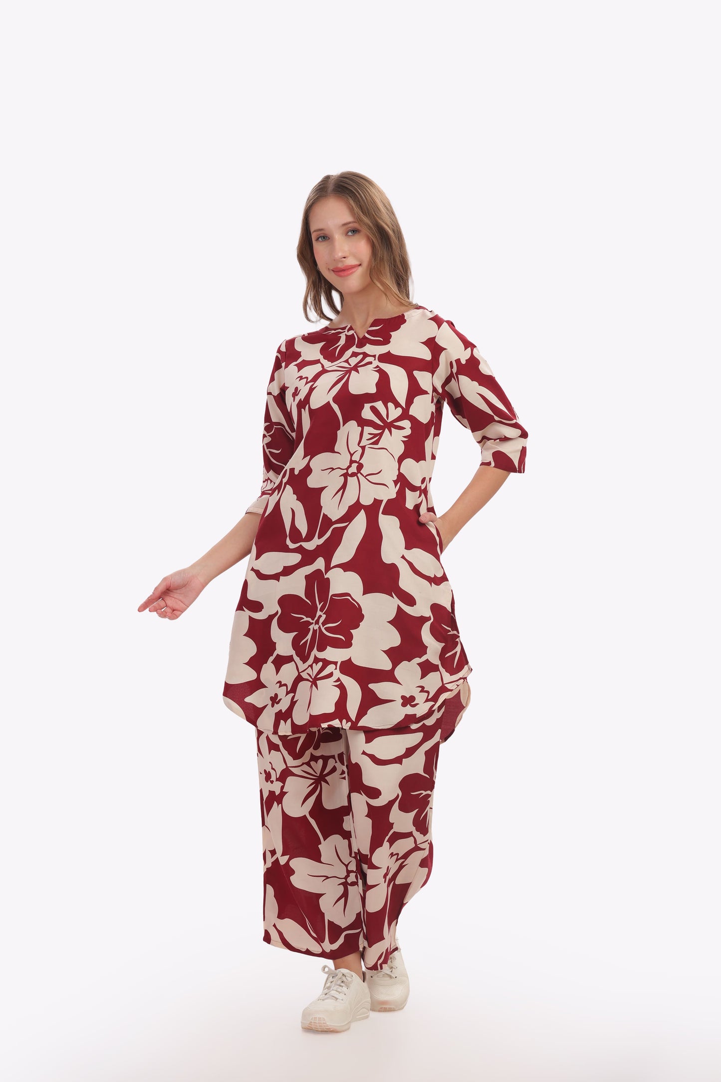 Maroon &Cream Floral Punjabi Co-ordset