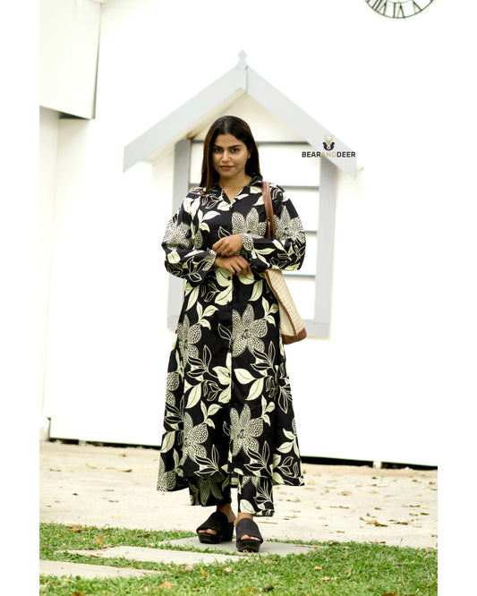 Black &White Floral Full Sleeve Rajasthani pyjamaset