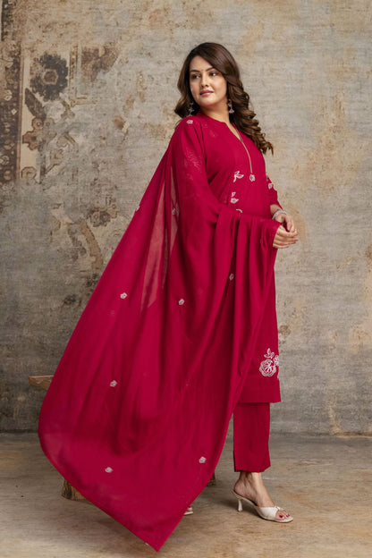 Stylish Red Embroidered COD Set with Dupatta