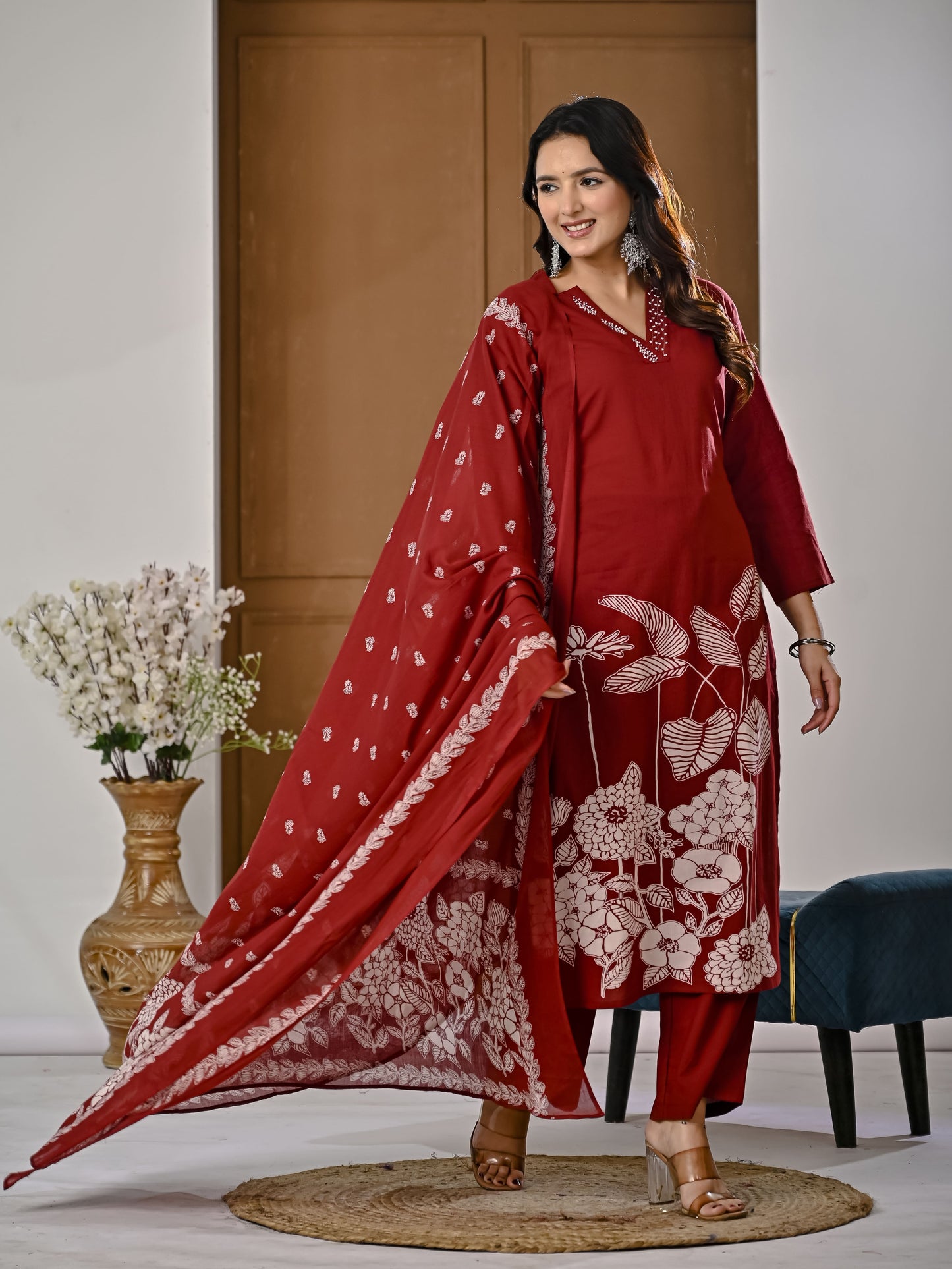 Maroon floral embroidery kurta set with Dupatta