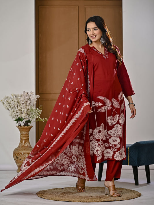 Maroon floral embroidery kurta set with Dupatta