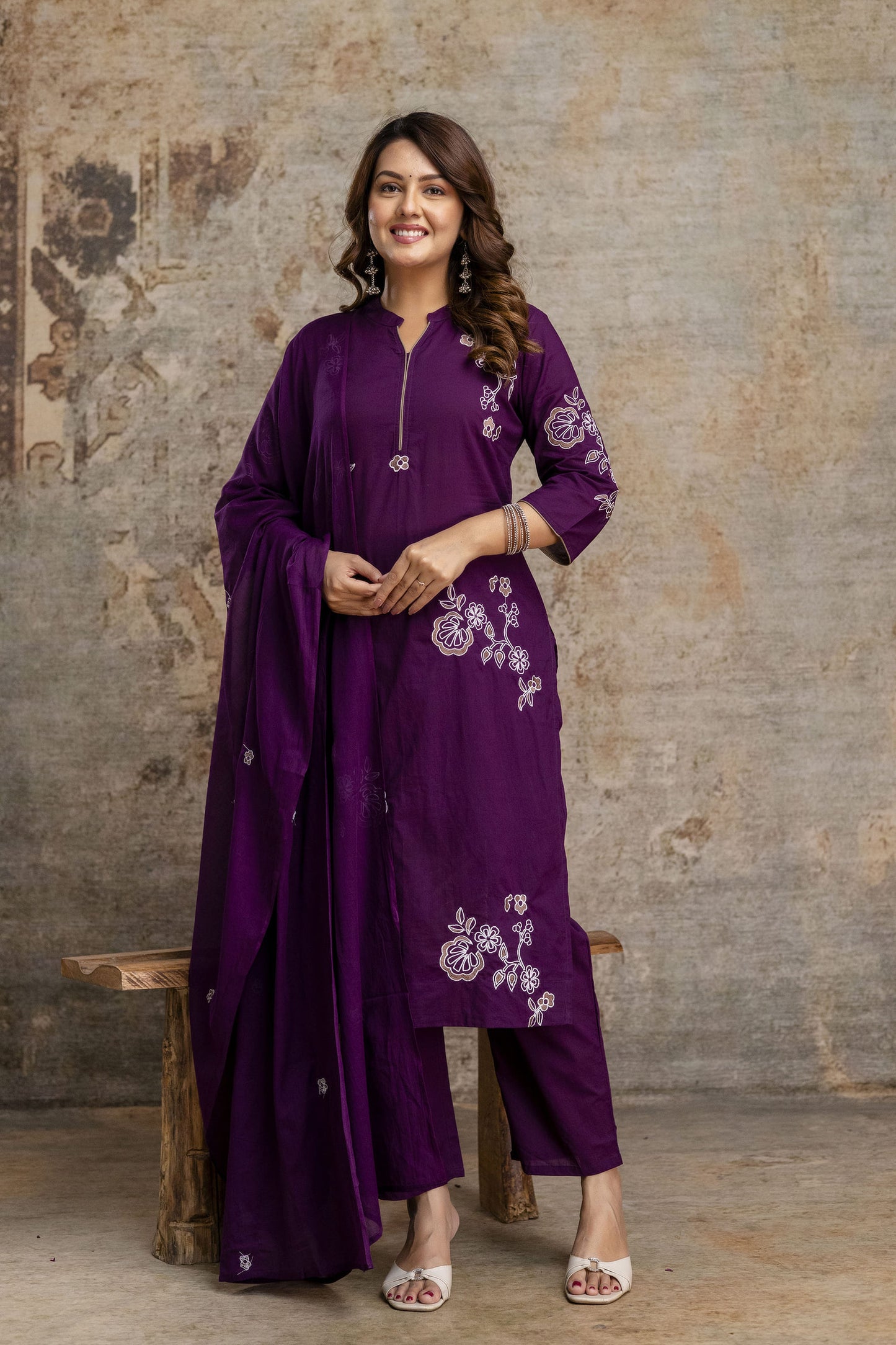 purple embroidered kurta set with Dupatta