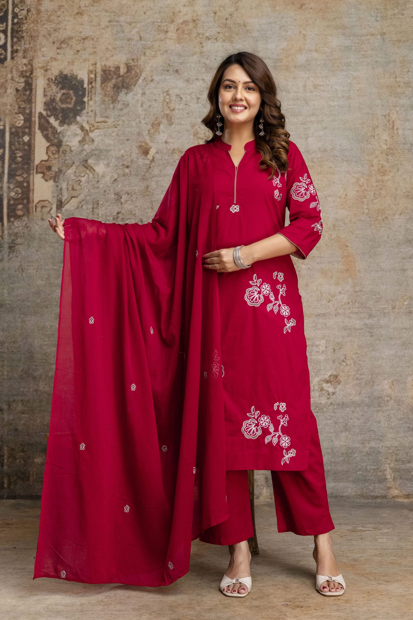 Stylish Red Embroidered COD Set with Dupatta