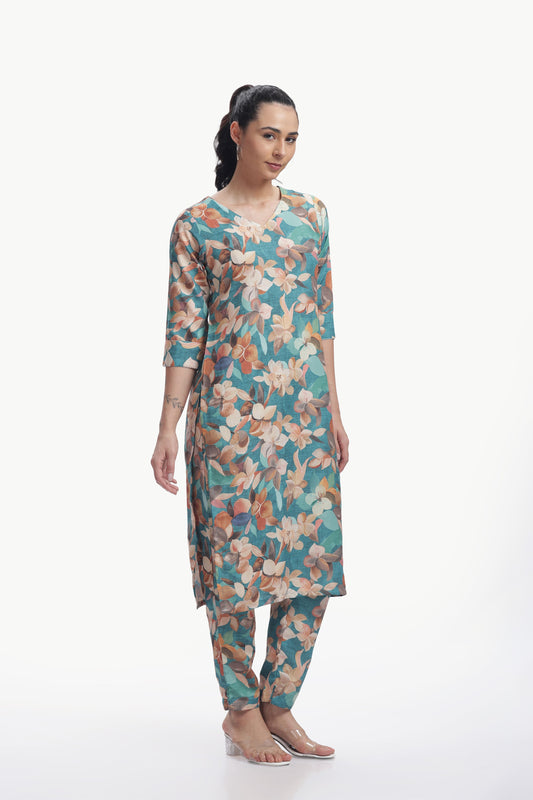 Tangerine Orange 
Floral Print Kurta and Pant Set