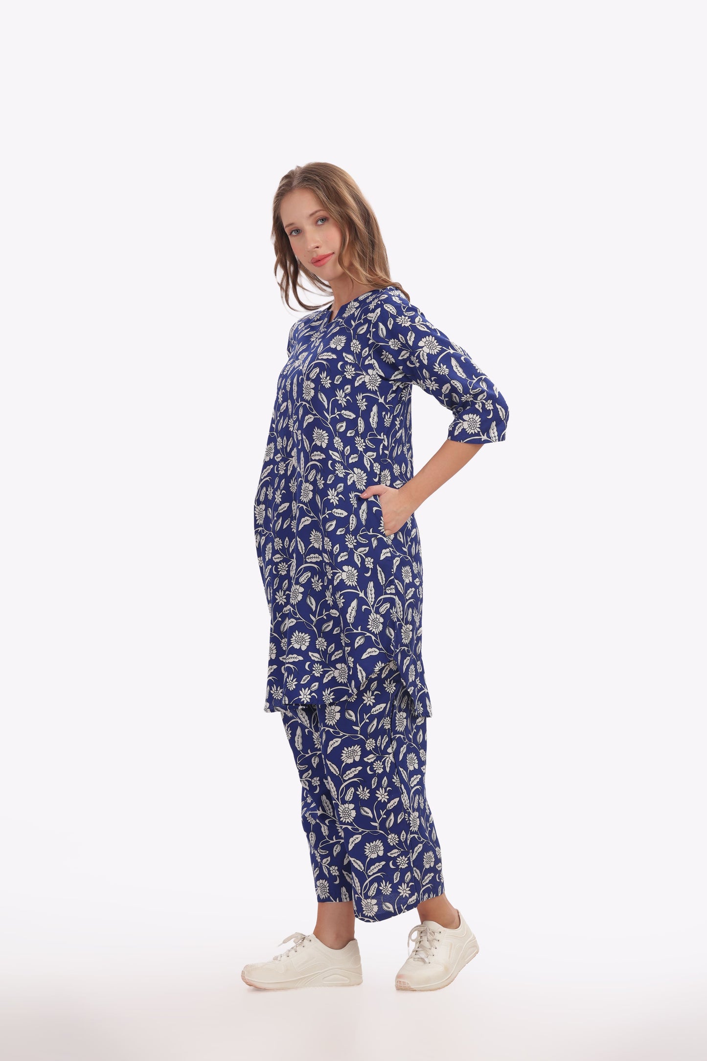 Navy Blue & White Floral Punjabi Co-ordset