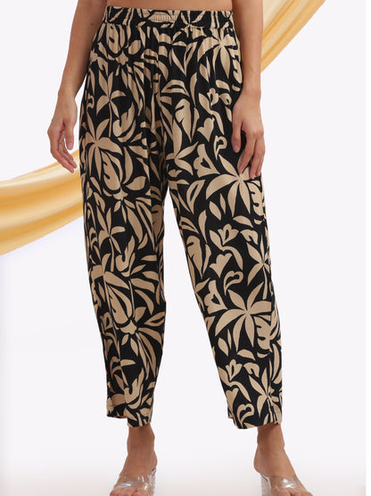 black and beige leaf-patterned punjabi co-ordset