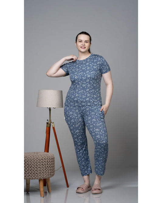 Blue Greyish Floral Stretchable Co-Ordset