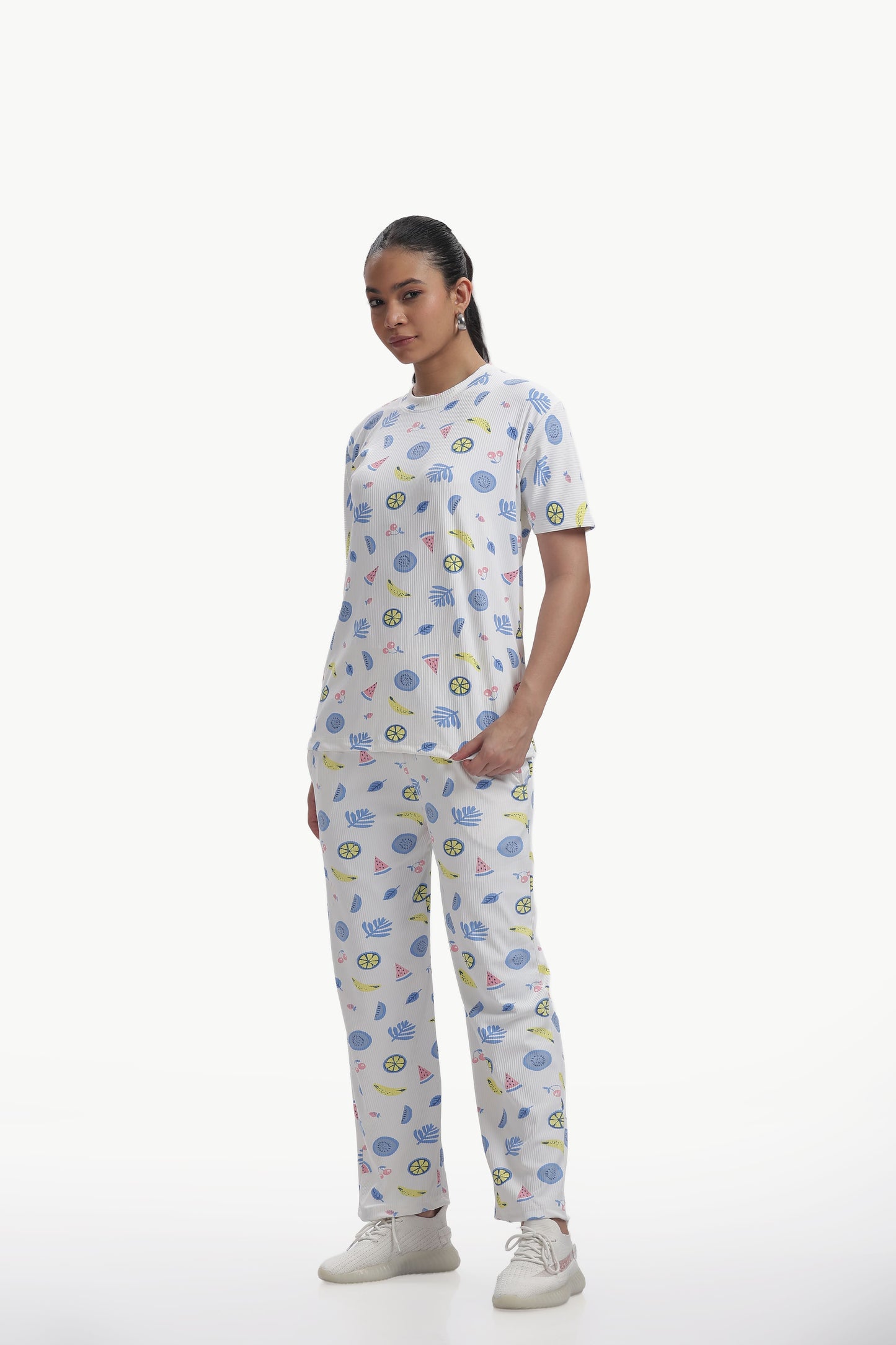white Fruit print stretchable co-ordset