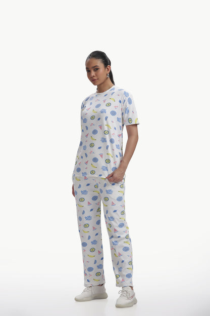 white Fruit print stretchable co-ordset
