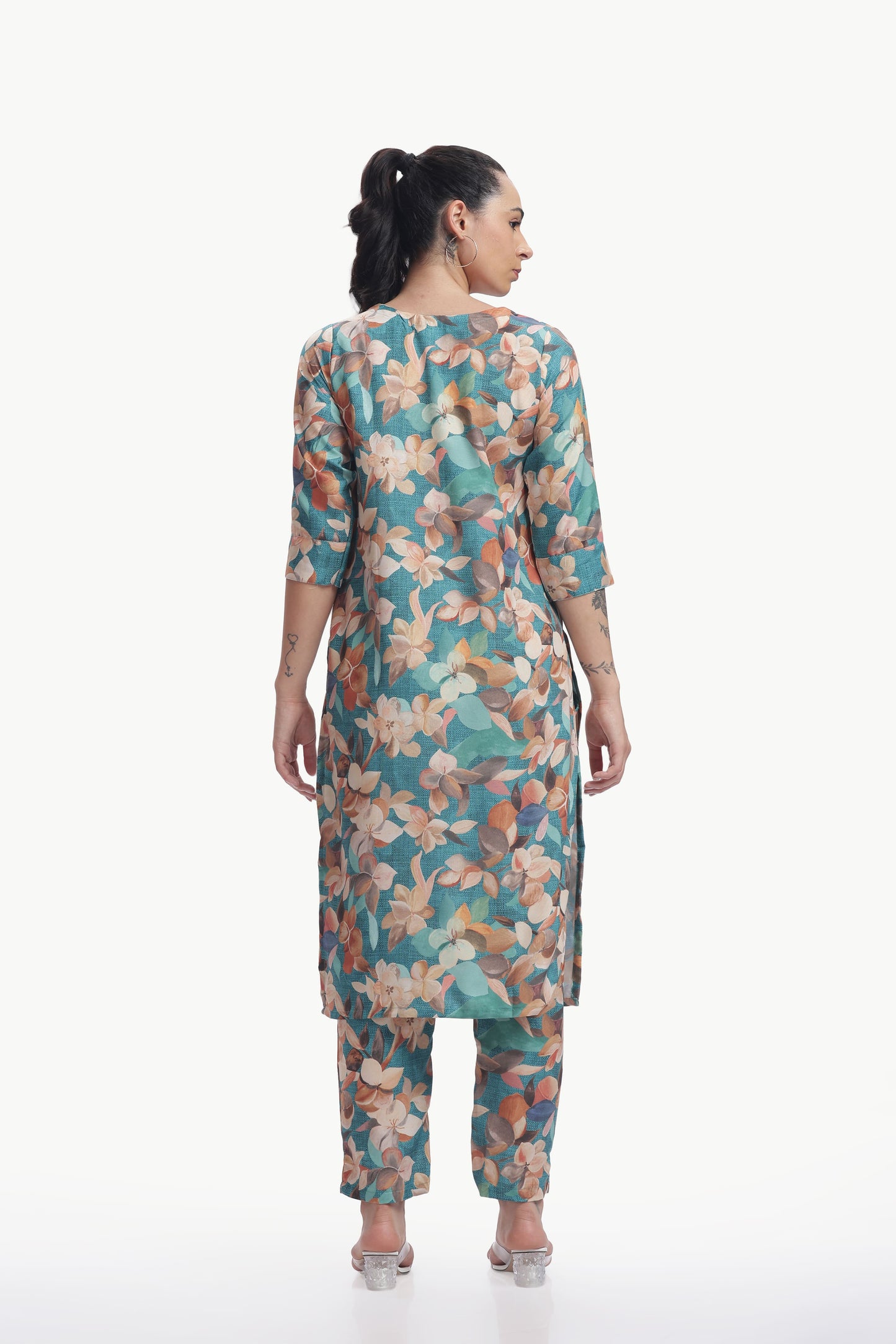 Tangerine Orange 
Floral Print Kurta and Pant Set